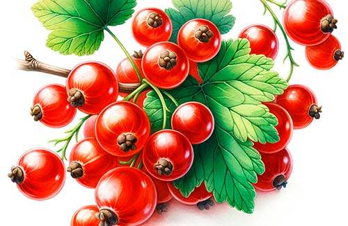 Premium Watercolor Illustration of Red currant twig with a medium-sized green leaf