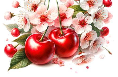 Two red apples, a slice of a red apple, and some delicate apple blossoms premium digital watercolor illustration