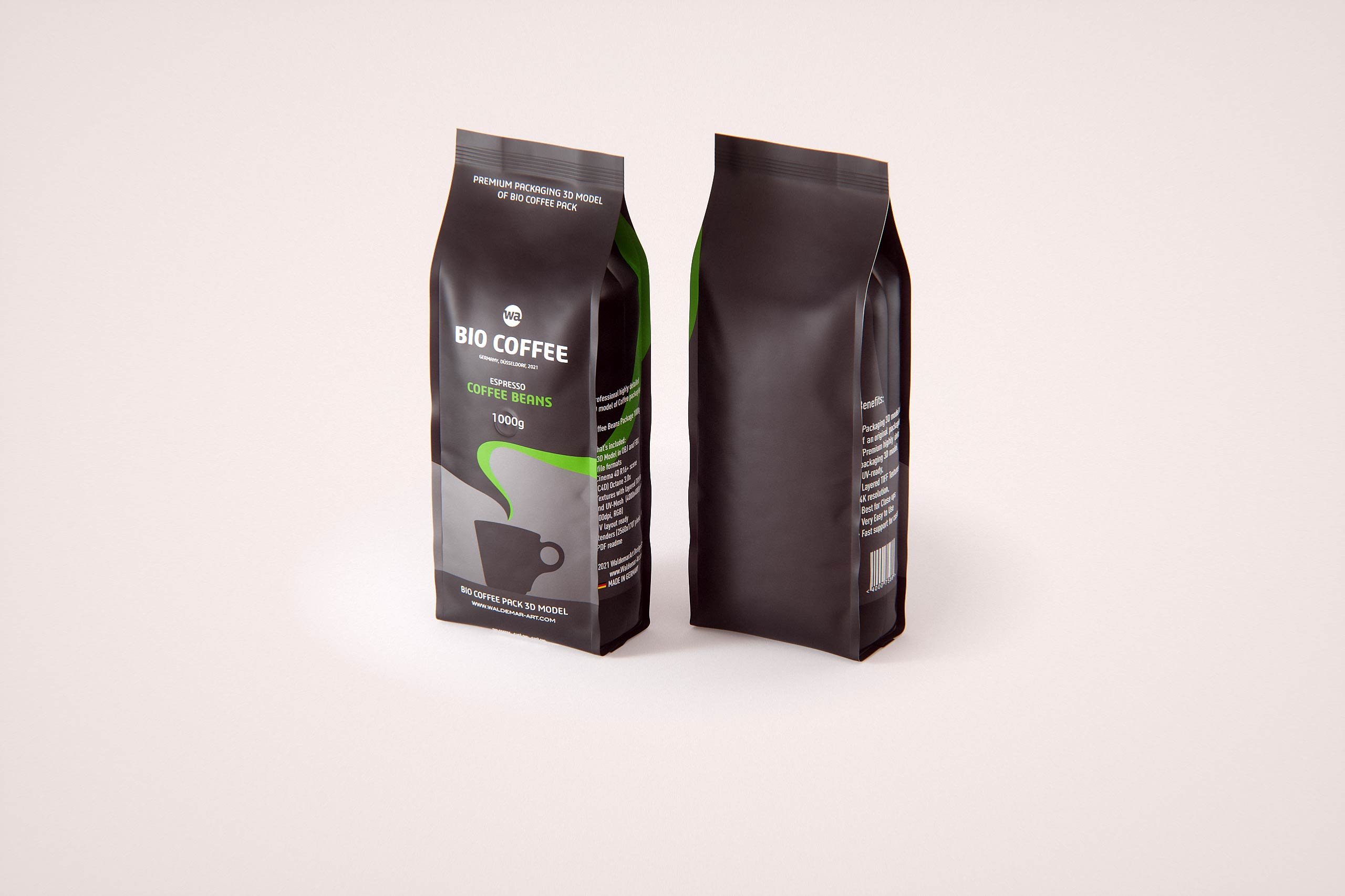 Bio Coffee beans Plastic Bag 1000g (1KG) packaging 3d model / WA Design