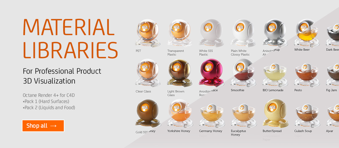 Material Libraries Octane Render 4 for C4D (Pack 1 and 2: Hard surfaces; Liquids and Food, up to 4K resolution)  for Download