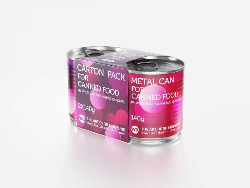 2x140g Metal Can for Canned Food Carton Pack 3D model