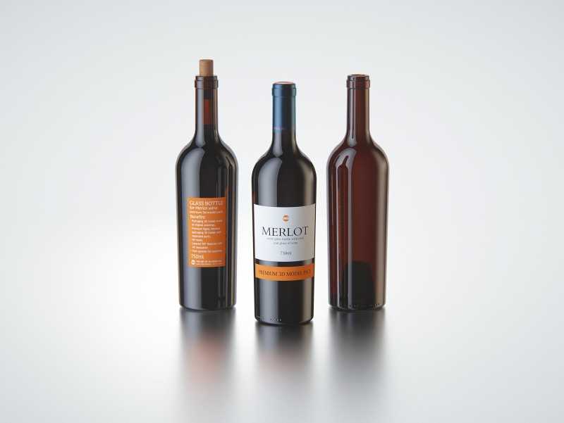 3D model of the Merlot Wine Standard Bottle 750ml with cork and glass of wine