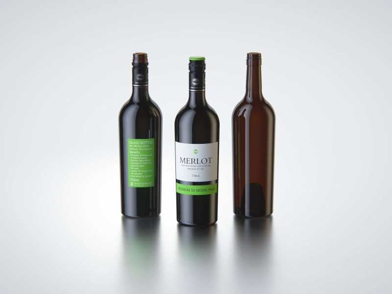3D model of the Merlot Wine Standard Bottle 750ml with screw cap and glass of wine