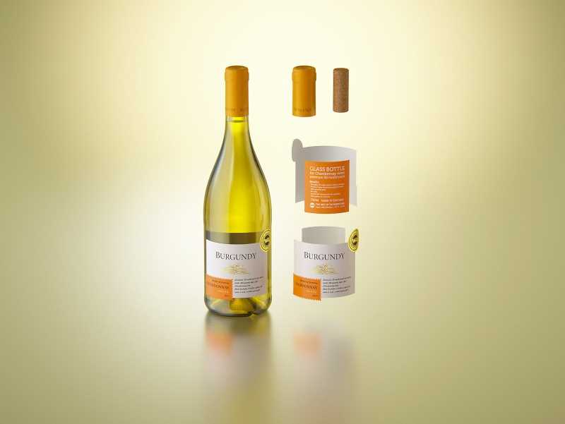 Wine bottle 3D model of Burgundy 750ml for Chardonnay wines with cork and a glass of wine