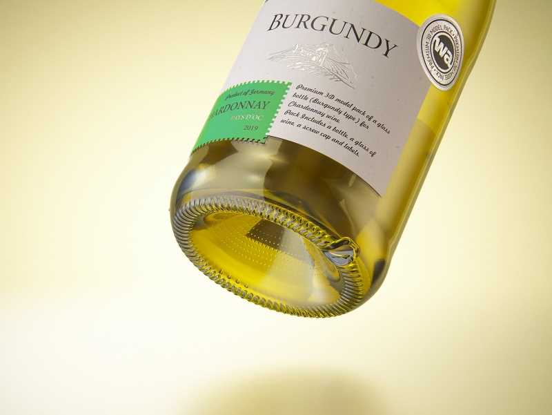 Wine bottle 3D model of Burgundy 750ml for Chardonnay with screw cap and a glass of wine