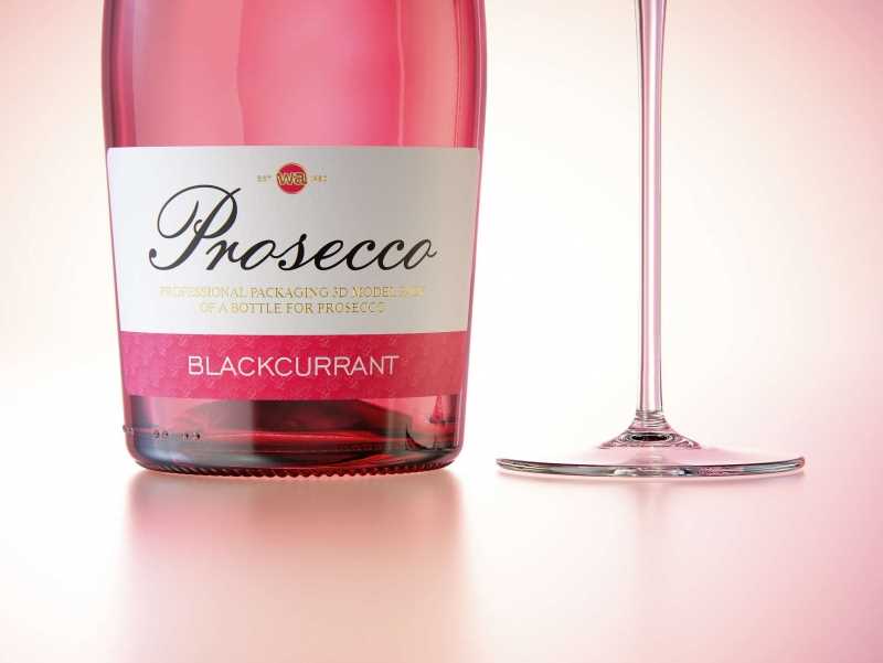 Prosecco (Frizzante) glass bottle 3D model 750ml with Crown cork and glass of fruit wine