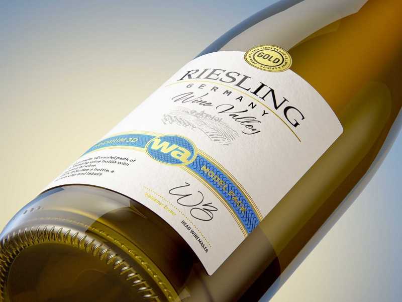 3D model of a wine bottle 750ml for Riesling wine with screw cap and a glass of wine