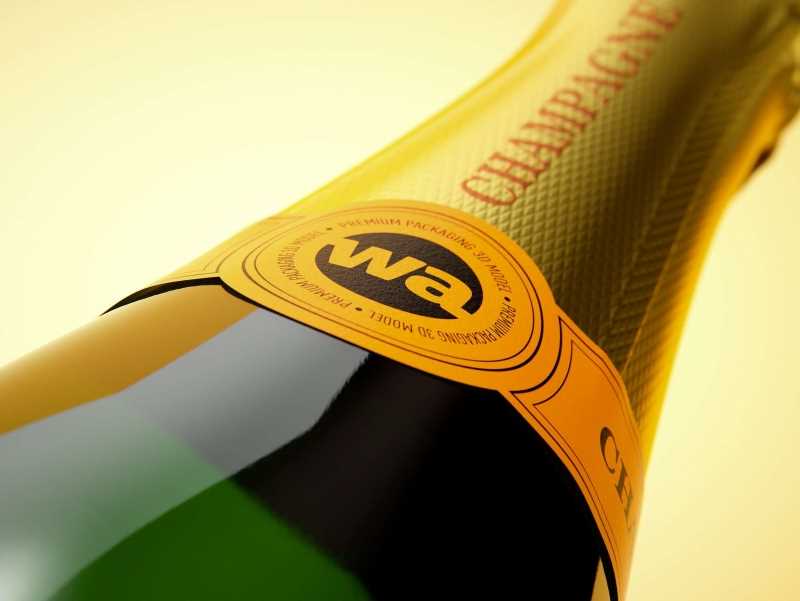 Champagne bottle 750ml 3d model for sparkling wine, with foil, labels, champagne cork and glass of sparkling wine