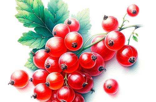 Premium Watercolor Illustration of Red currant twig with a medium-sized green leaf
