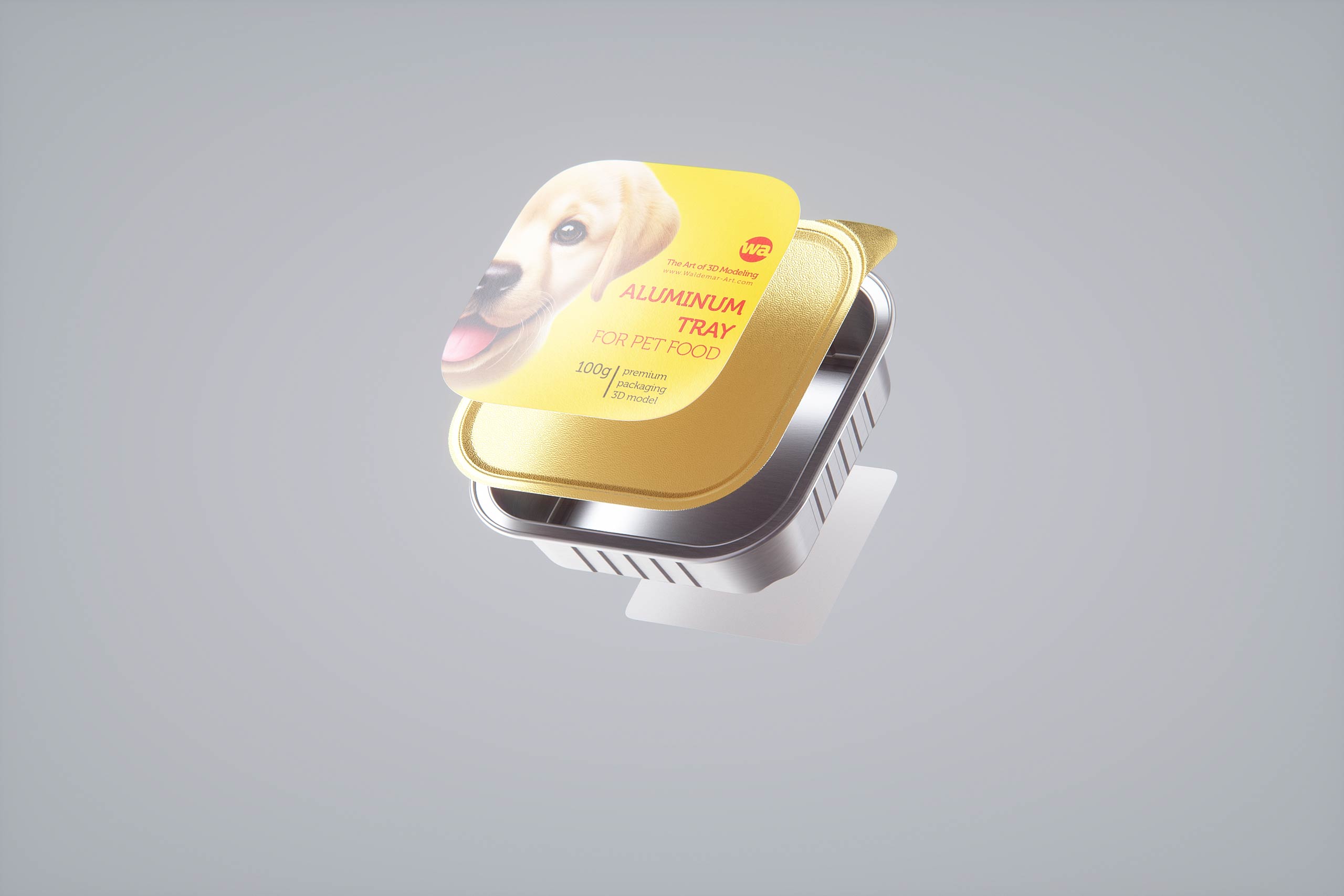 Premium packaging 3D model of a 100g aluminum tray of pet food.