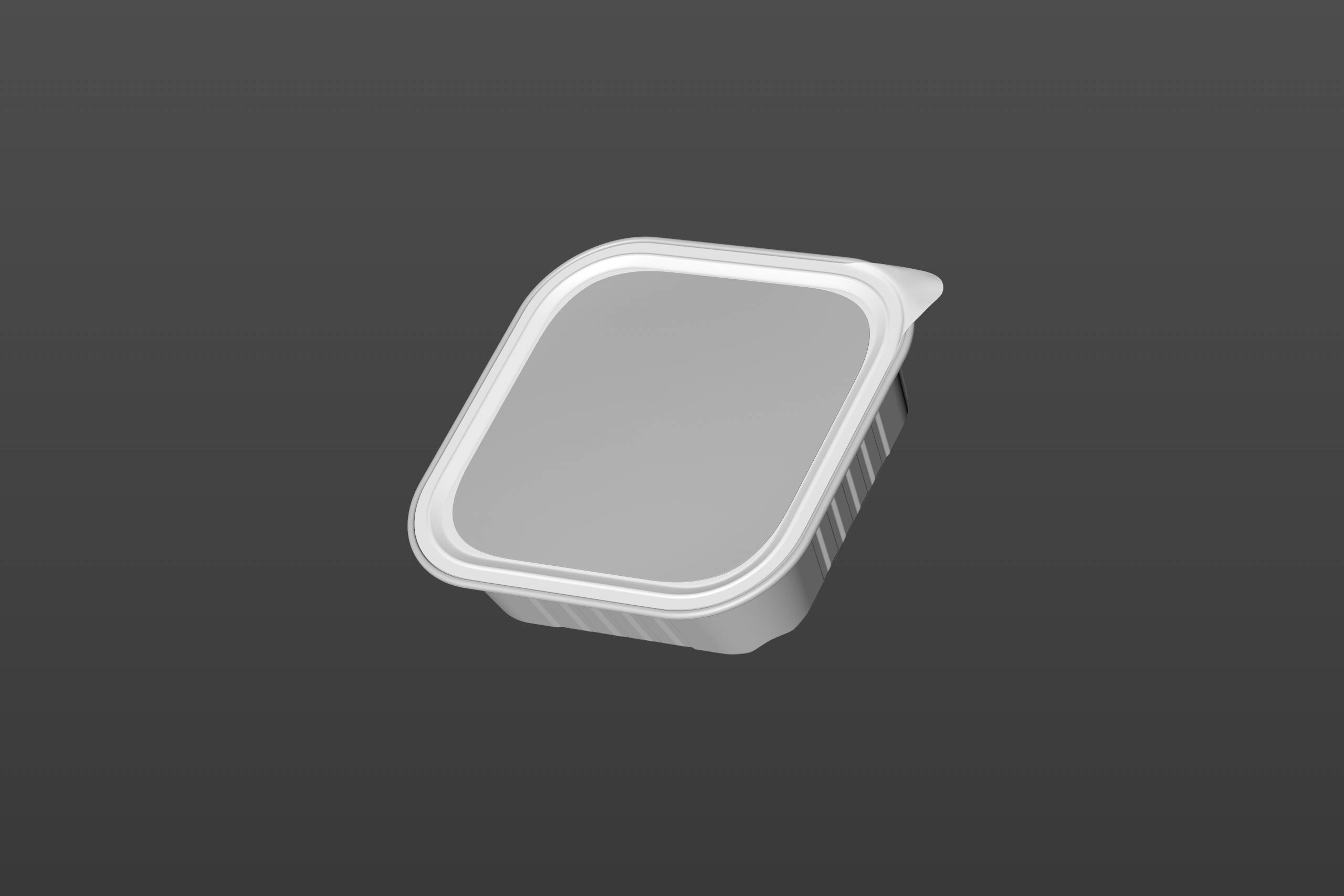Premium packaging 3D model of a 100g aluminum tray of pet food.