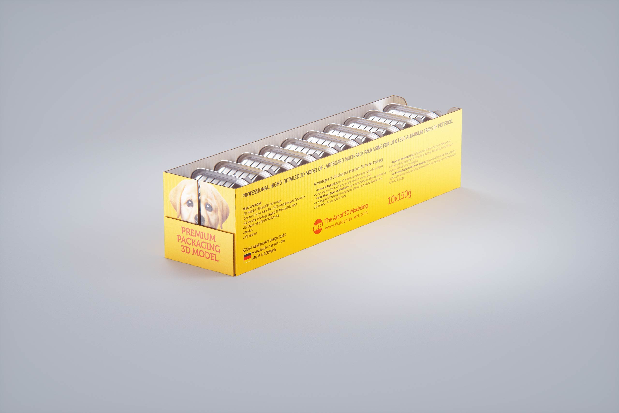 Premium 3D model of cardboard multi-pack packaging for 10x150g aluminum trays of pet food