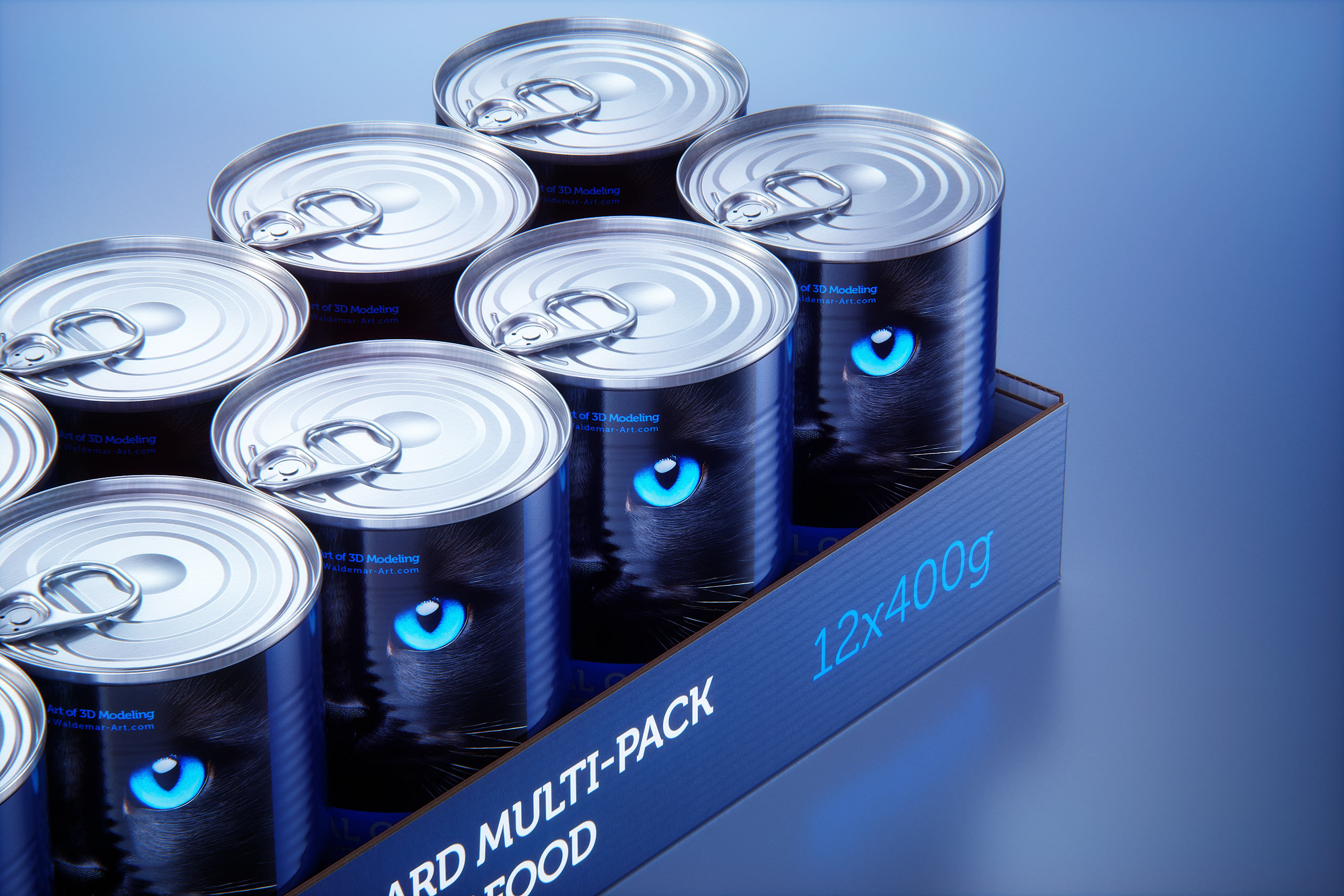 Premium 3D model of cardboard multi-pack packaging for 12x400g metal cans of pet food  