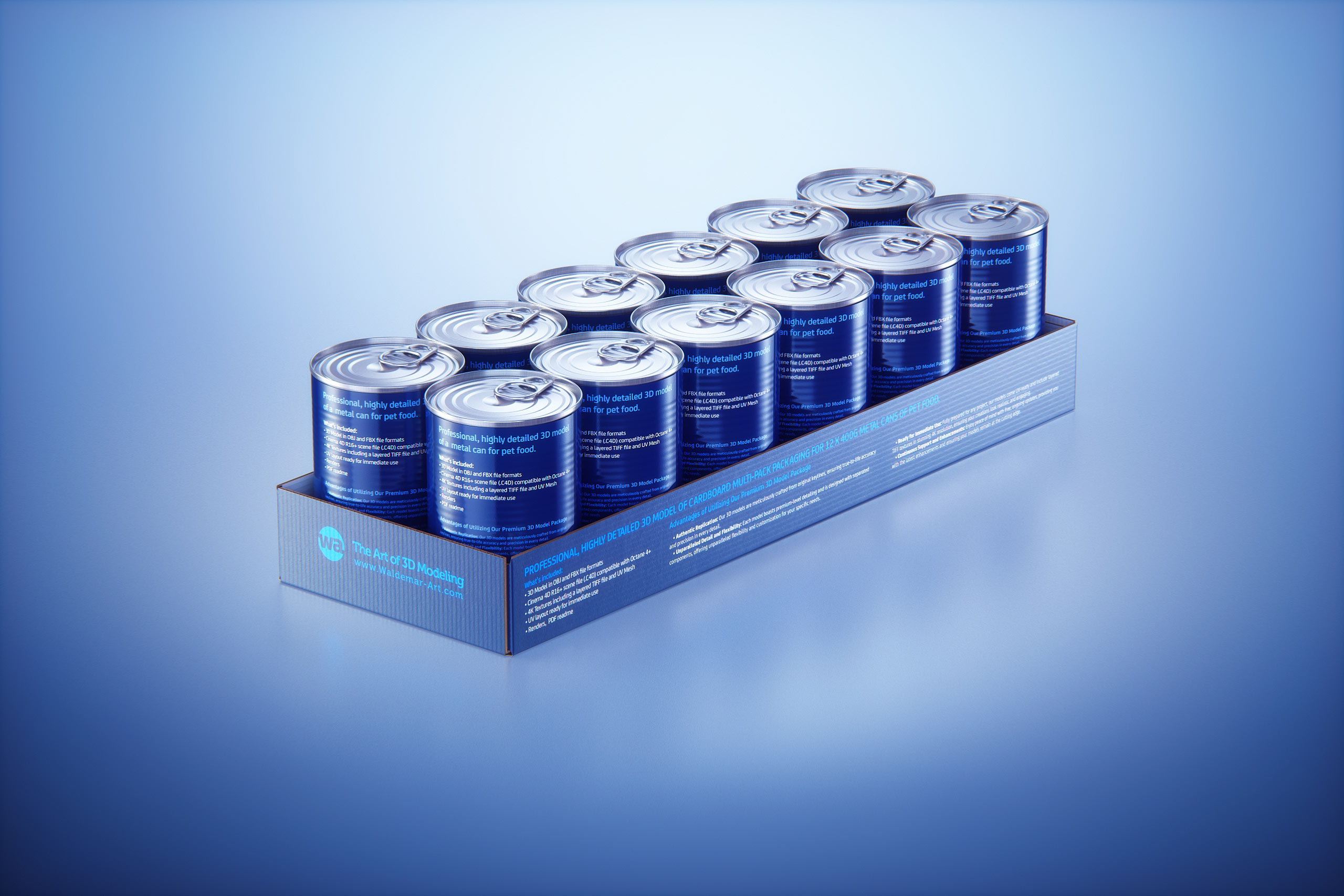 Premium 3D model of cardboard multi-pack packaging for 12x400g metal cans of pet food  