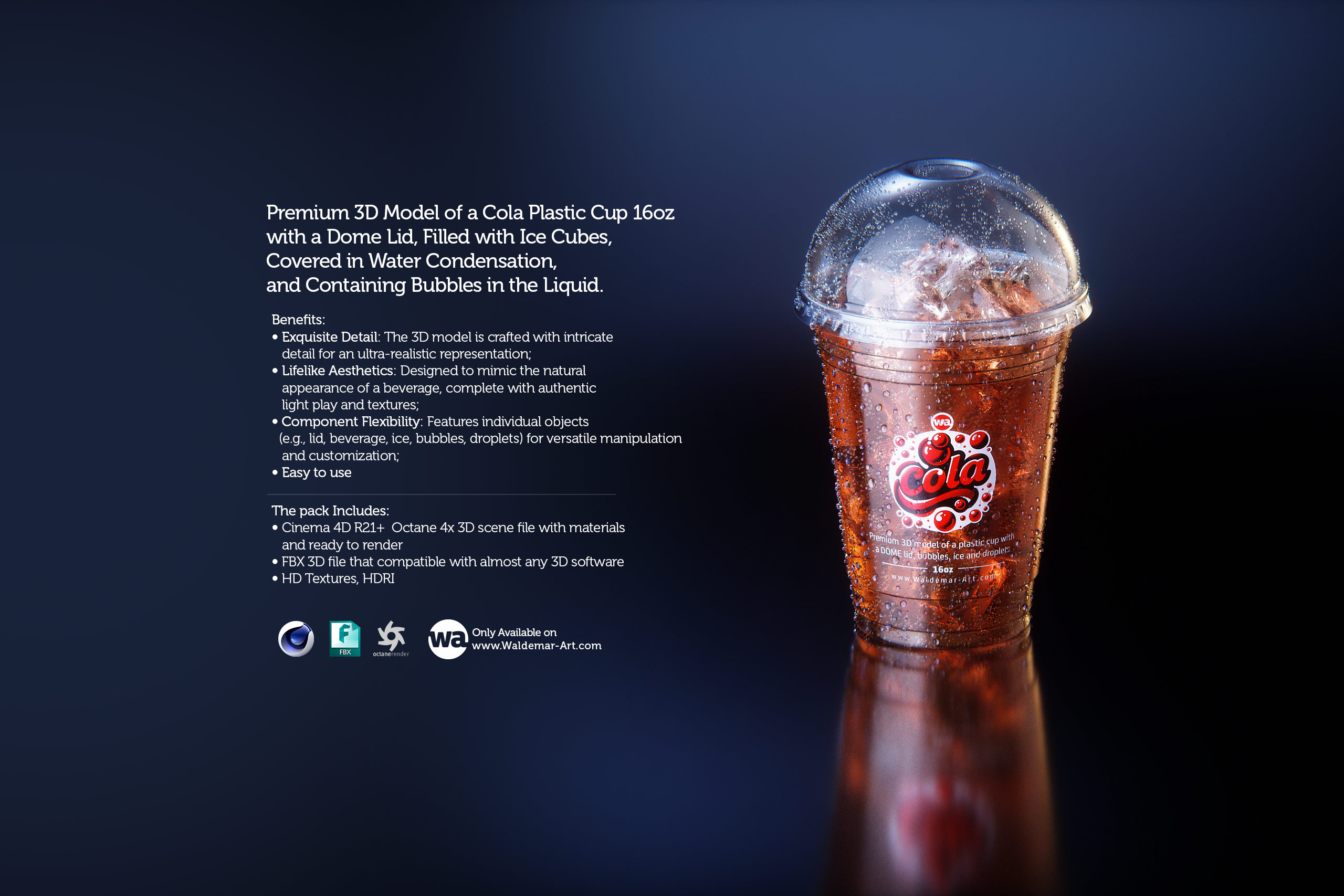 Premium 3D Model of a Cola Plastic Cup 16oz with DOME lid, Filled with Ice Cubes, Covered in Water Condensation, and Containing Bubbles in the Liquid