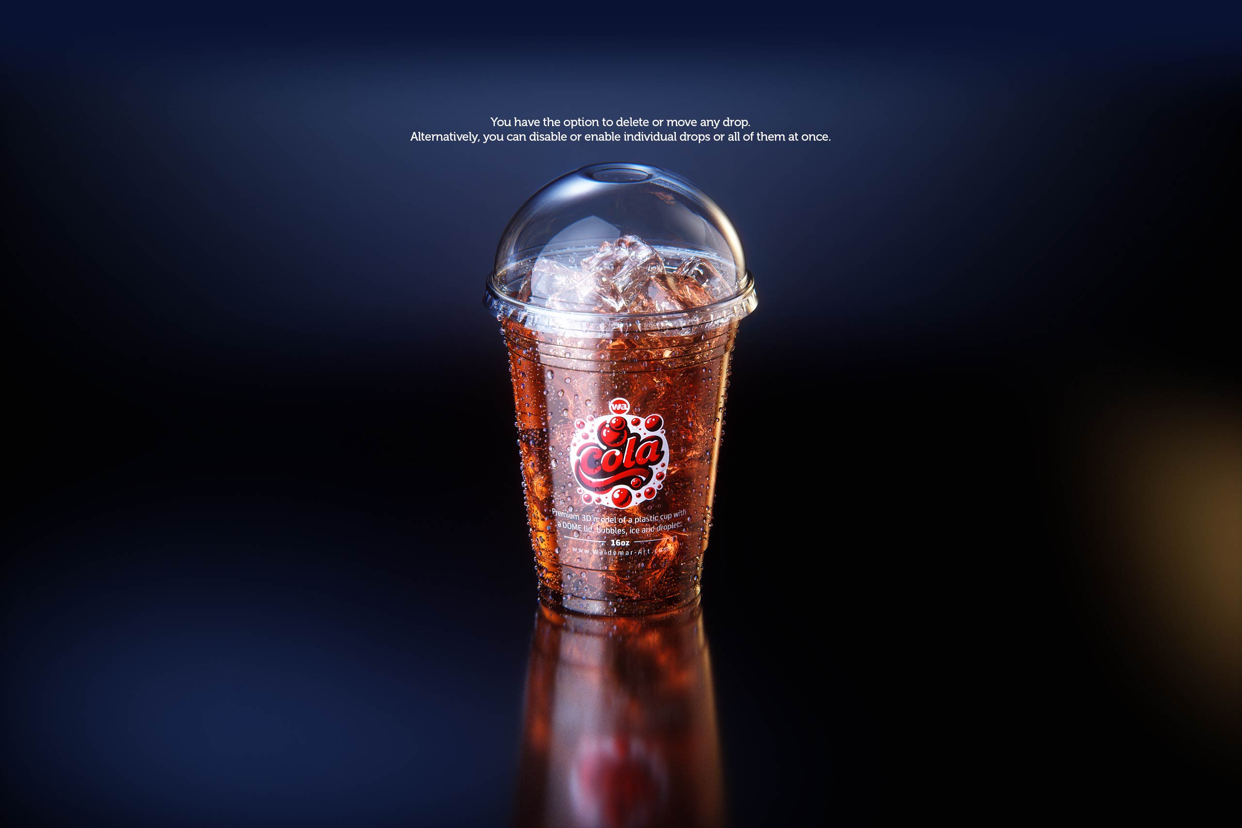Premium 3D Model of a Cola Plastic Cup 16oz with DOME lid, Filled with Ice Cubes, Covered in Water Condensation, and Containing Bubbles in the Liquid