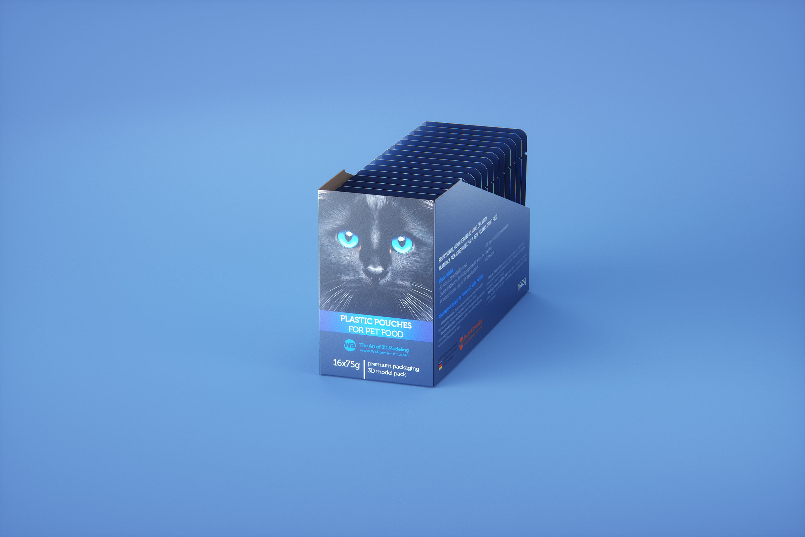 Premium 3D model of carton multi-pack packaging for 16x75g plastic pouches of pet food