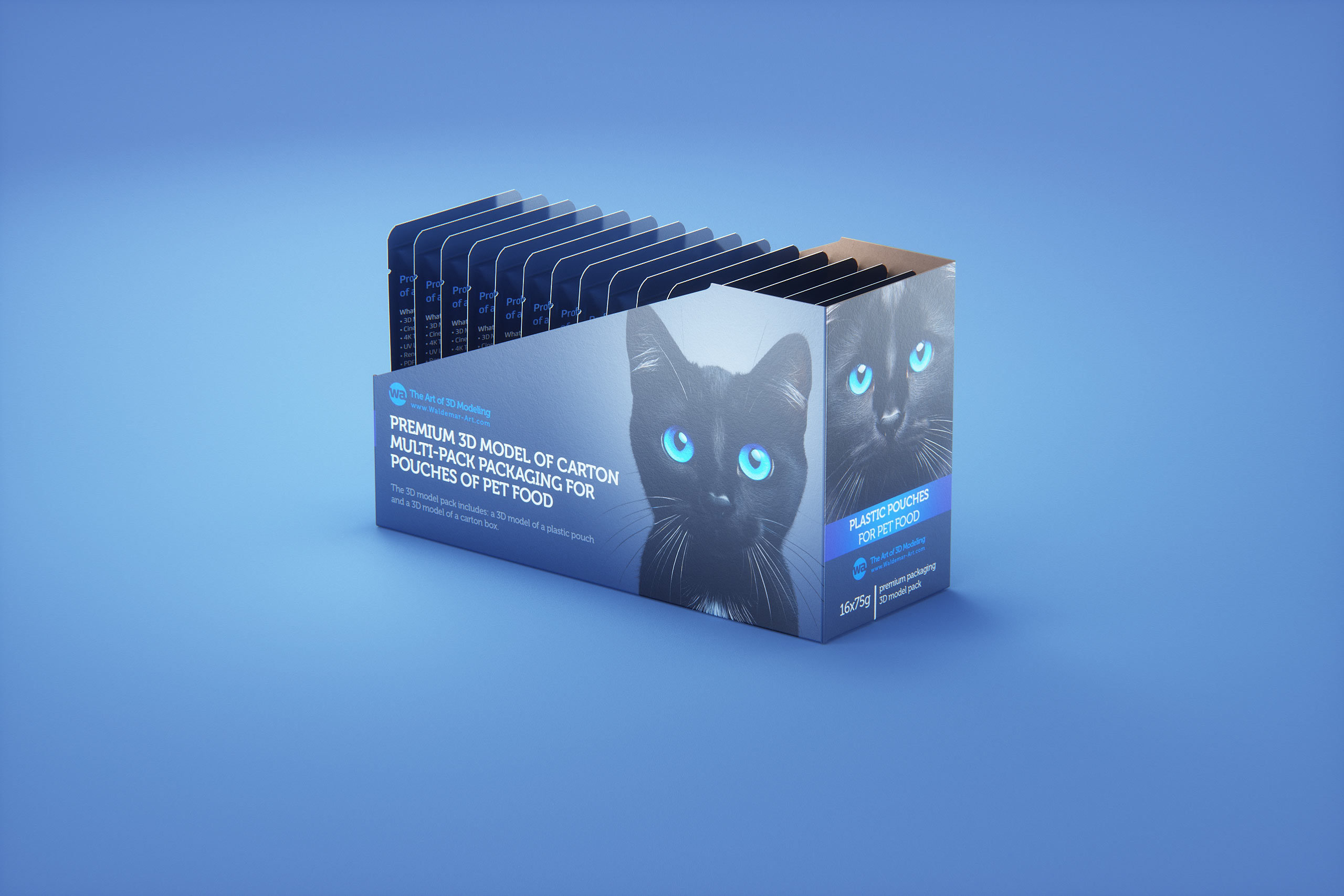 Premium 3D model of carton multi-pack packaging for 16x75g plastic pouches of pet food