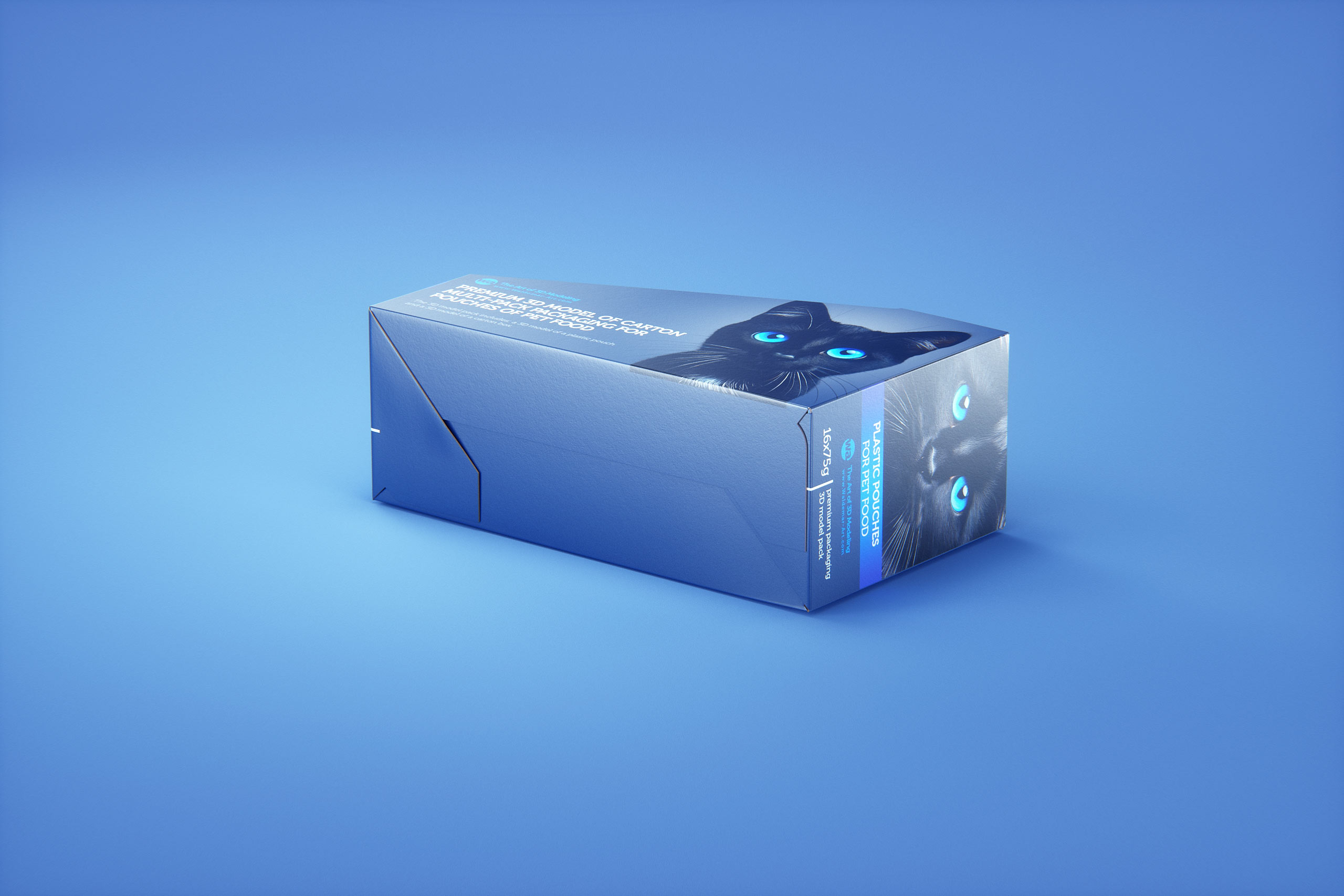 Premium 3D model of carton multi-pack packaging for 16x75g plastic pouches of pet food