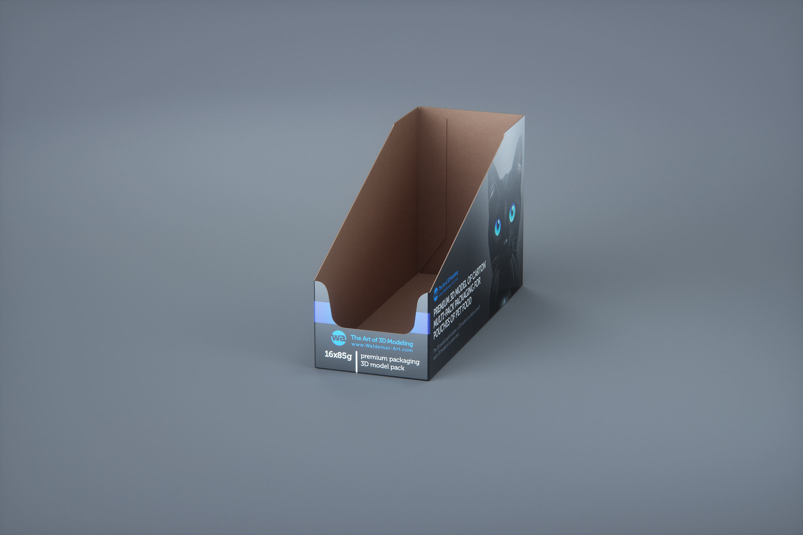 Premium 3D model of carton multi-pack packaging for 16x85g plastic pouches of pet food
