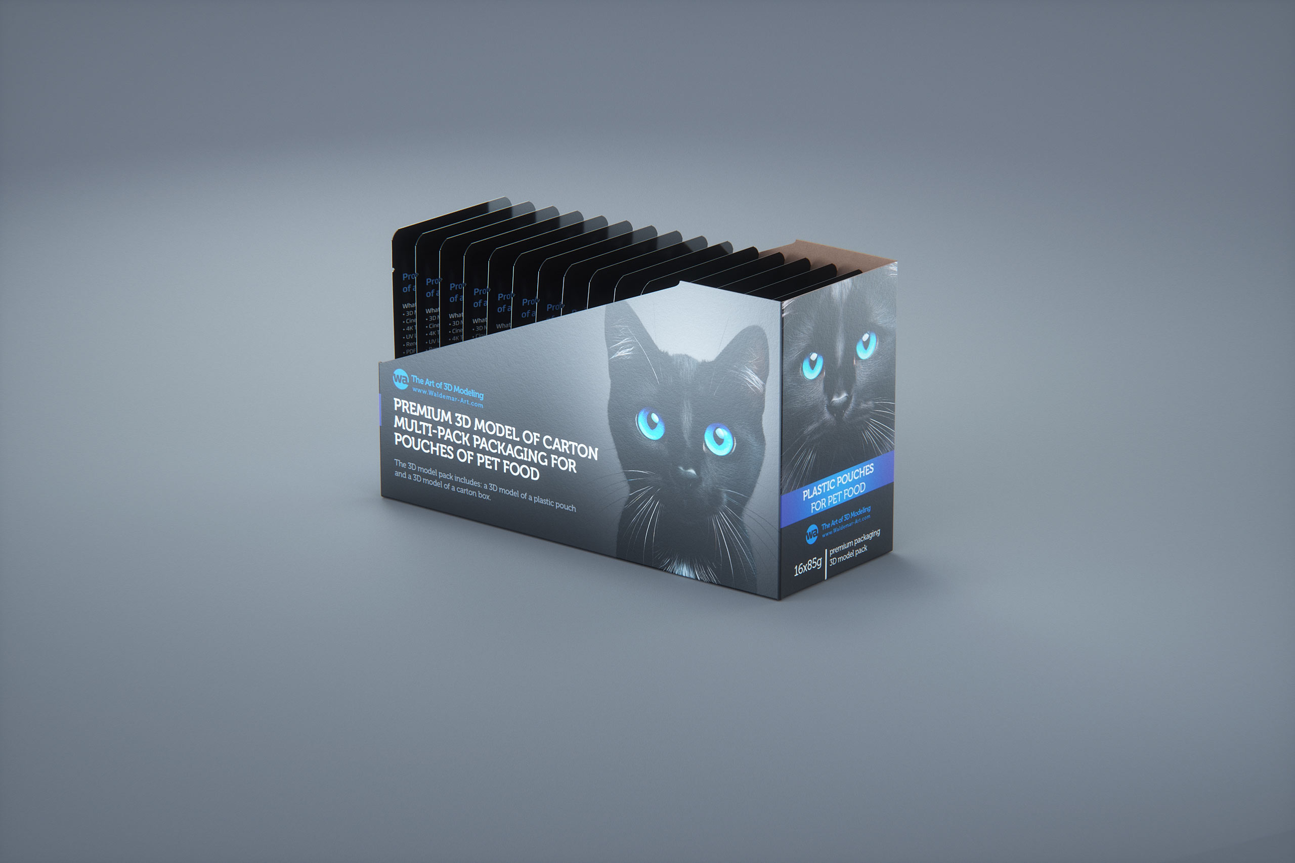 Premium 3D model of carton multi-pack packaging for 16x85g plastic pouches of pet food