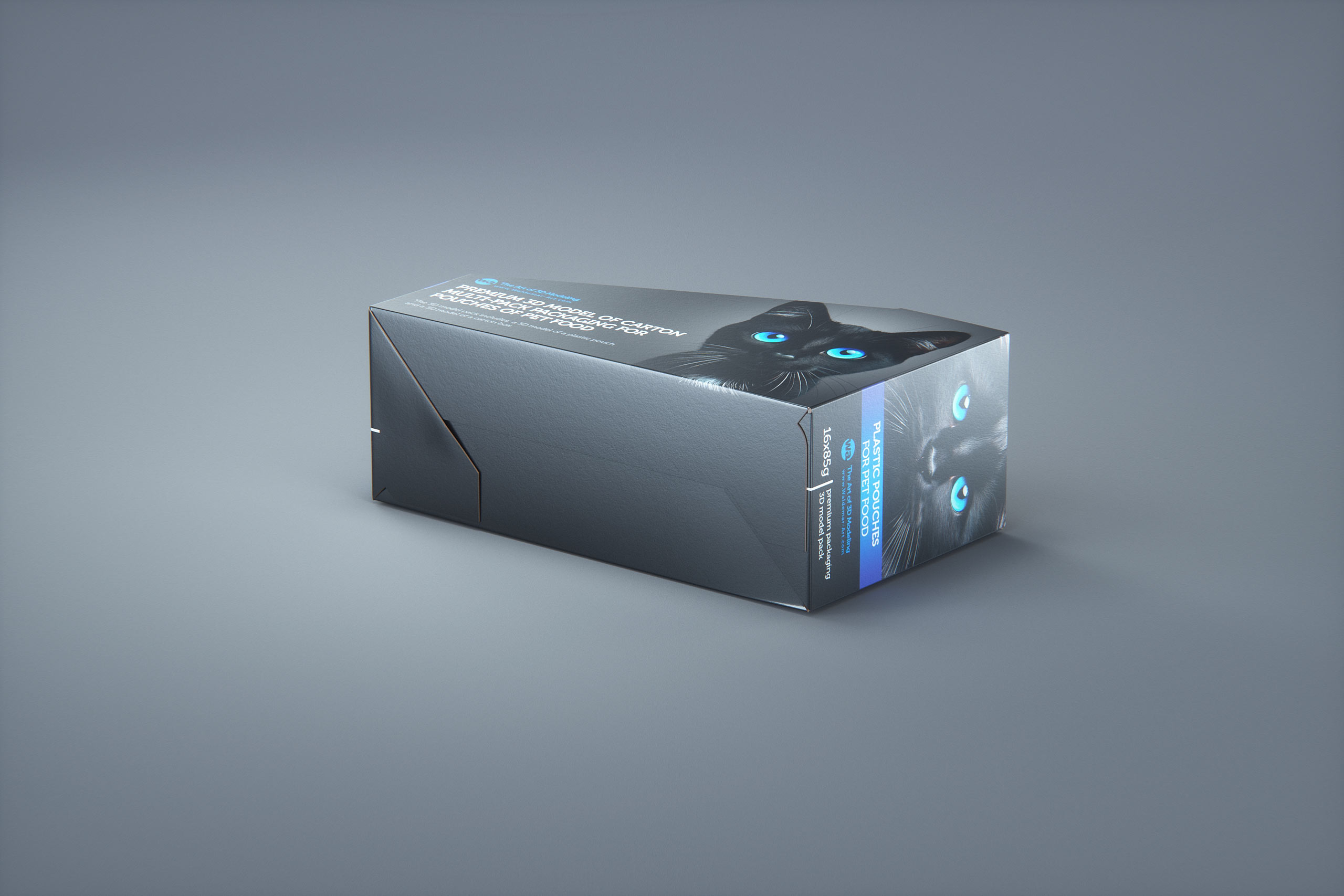 Premium 3D model of carton multi-pack packaging for 16x85g plastic pouches of pet food