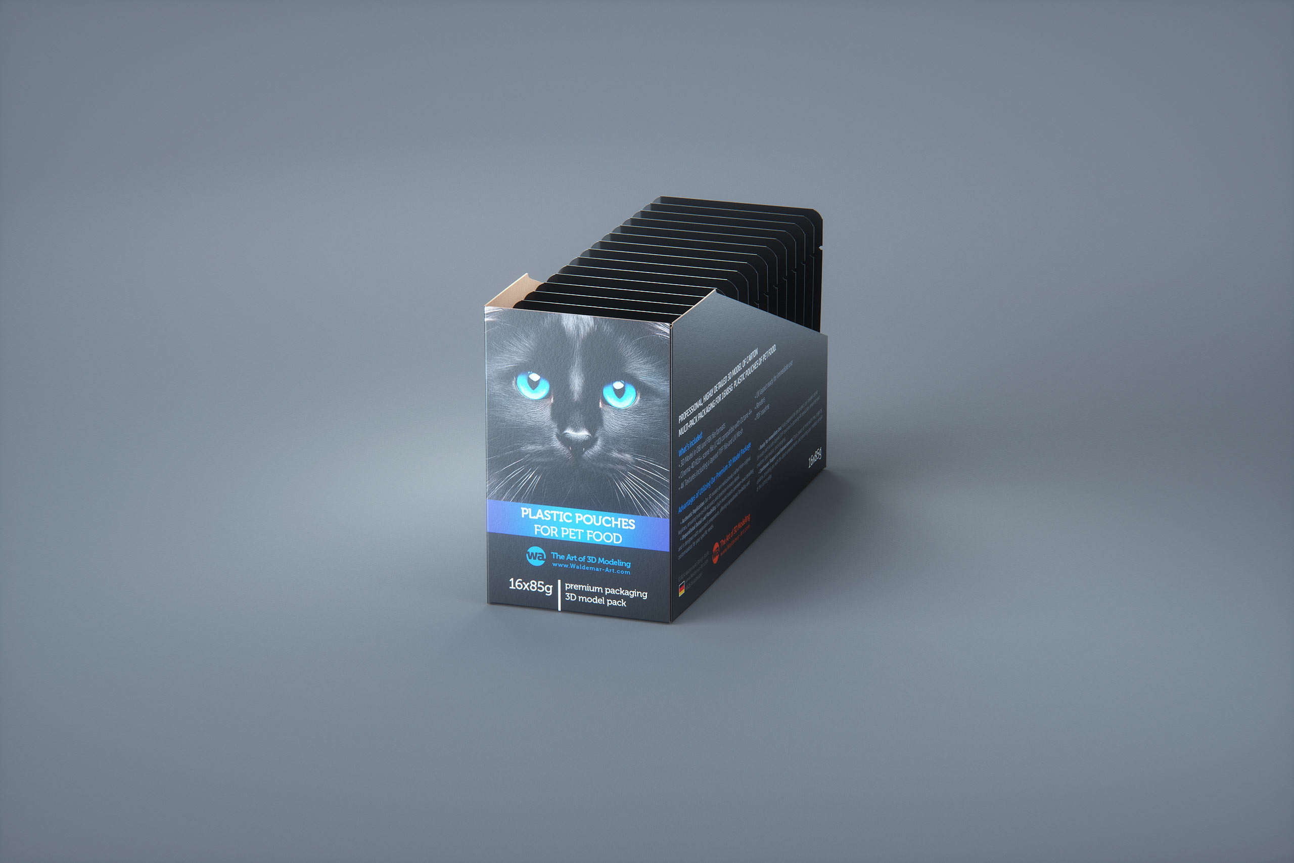 Premium 3D model of carton multi-pack packaging for 16x85g plastic pouches of pet food