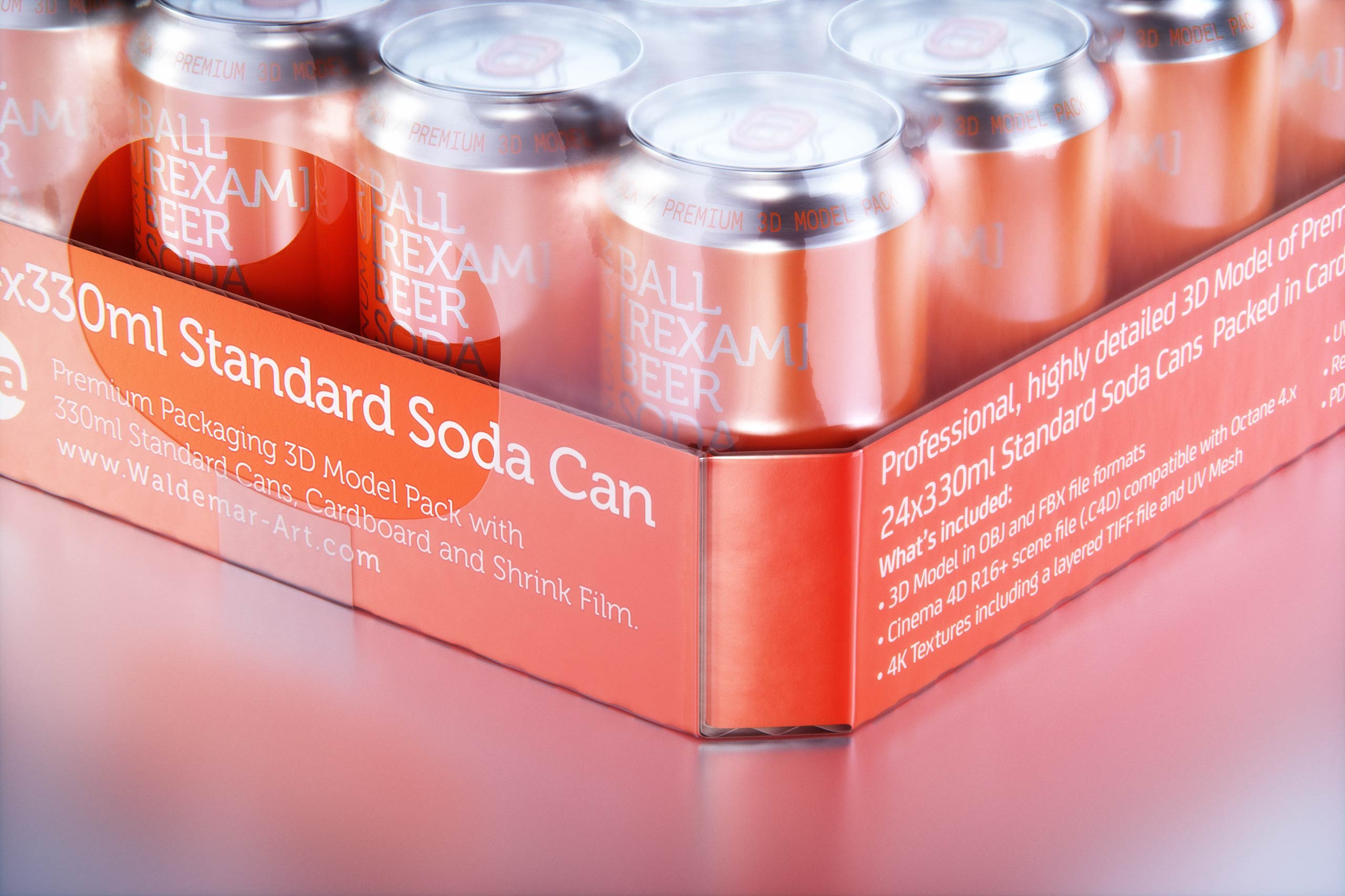 Multi-pack of 24x330ml Standard Beer/Soda Cans packed in cardboard and wrapped in shrink film premium packaging 3d model