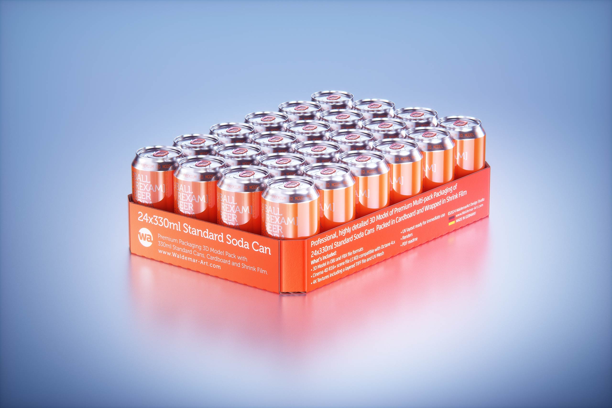 Multi-pack of 24x330ml Standard Beer/Soda Cans packed in cardboard and wrapped in shrink film premium packaging 3d model