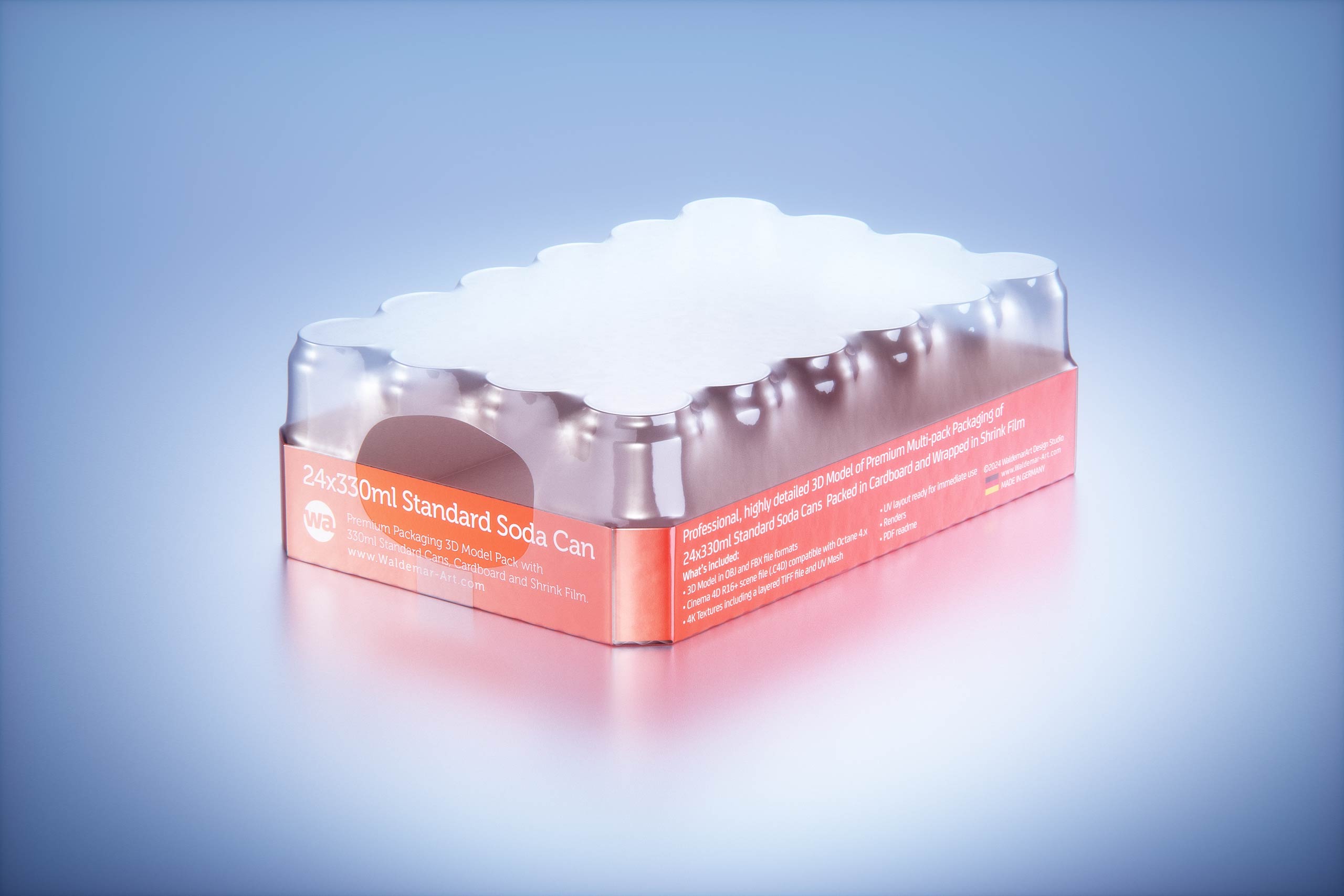 Multi-pack of 24x330ml Standard Beer/Soda Cans packed in cardboard and wrapped in shrink film premium packaging 3d model