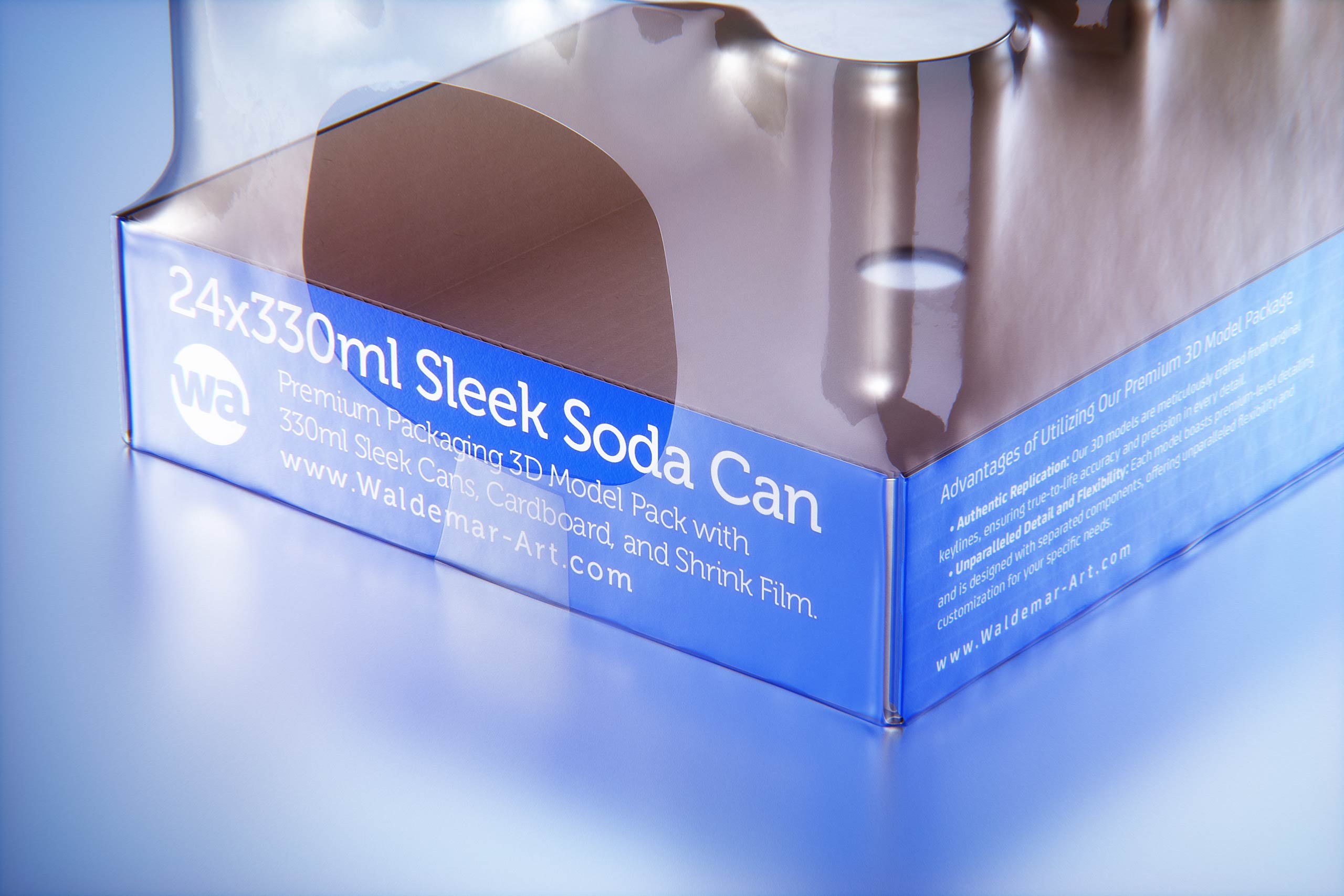 Multipack of 24x330ml Sleek Soda Cans packed in cardboard and wrapped in shrink film premium 3d model