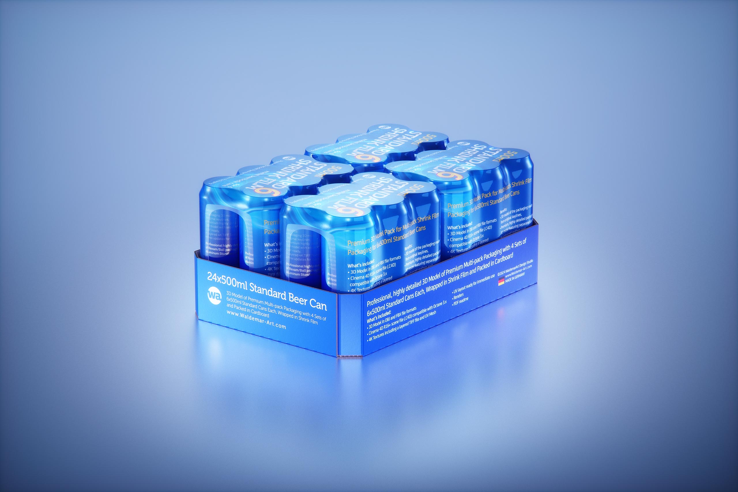 Premium Multi-pack Packaging 3D model with 4 Sets of 6x500ml Standard Cans Each, Wrapped in Shrink Film and Packed in Cardboard
