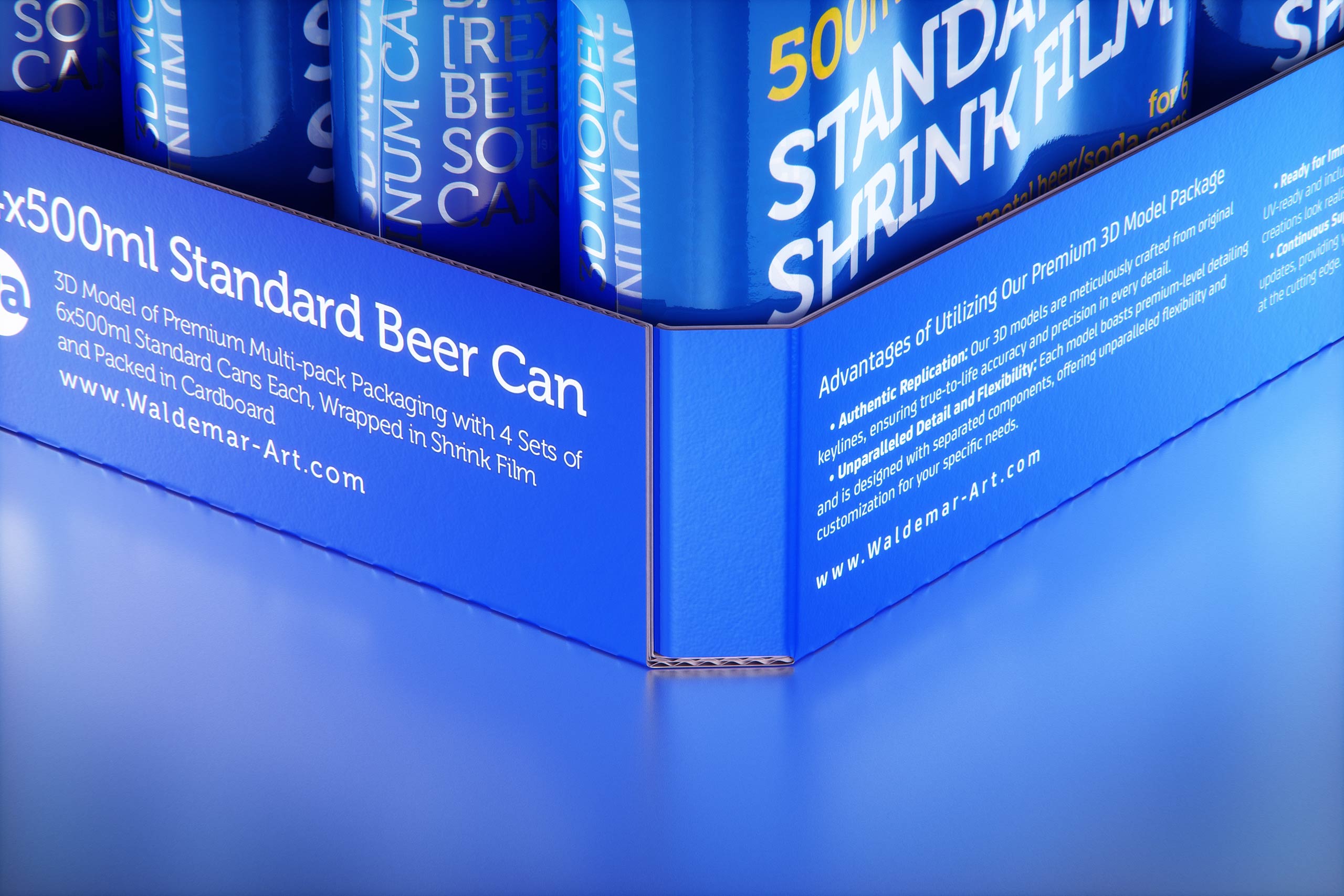 Premium Multi-pack Packaging 3D model with 4 Sets of 6x500ml Standard Cans Each, Wrapped in Shrink Film and Packed in Cardboard