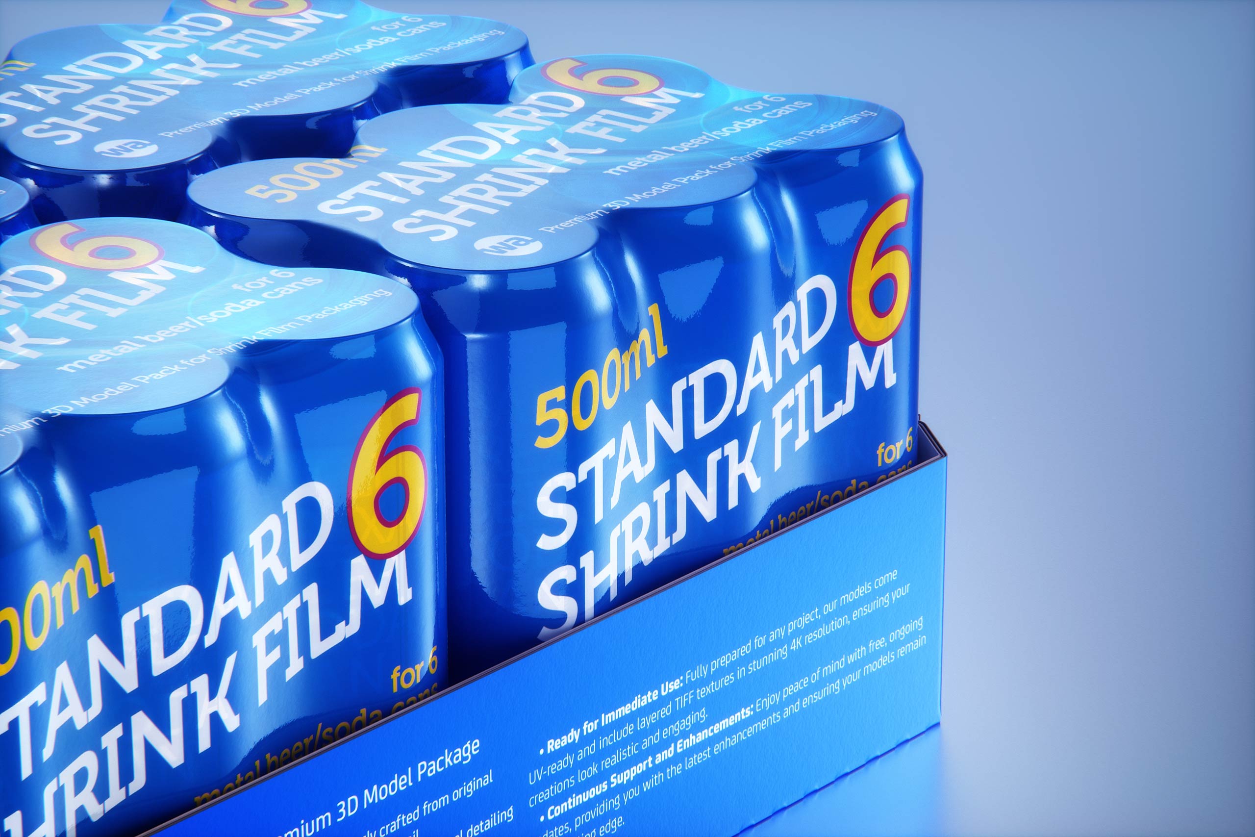 Premium Multi-pack Packaging 3D model with 4 Sets of 6x500ml Standard Cans Each, Wrapped in Shrink Film and Packed in Cardboard