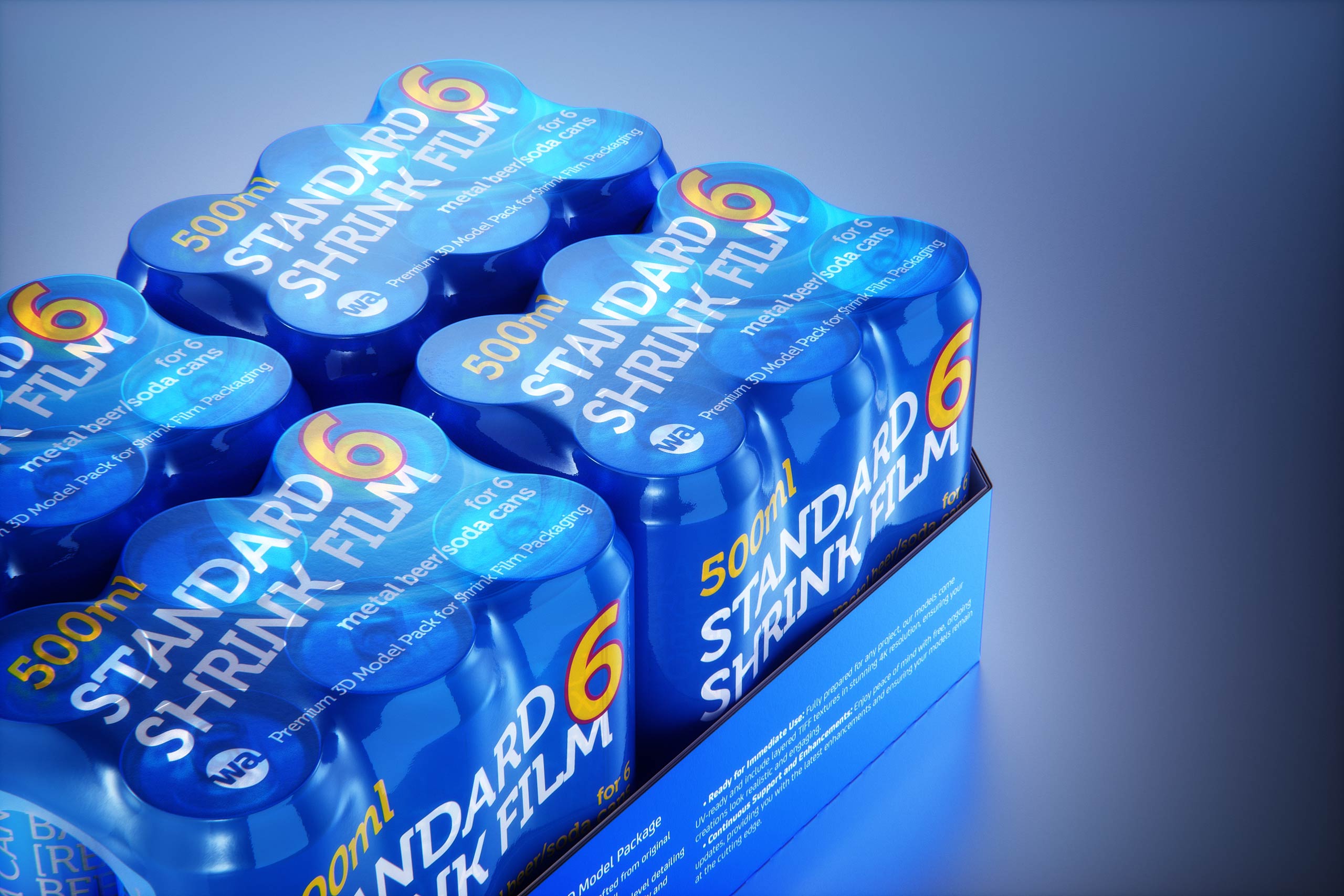 Premium Multi-pack Packaging 3D model with 4 Sets of 6x500ml Standard Cans Each, Wrapped in Shrink Film and Packed in Cardboard