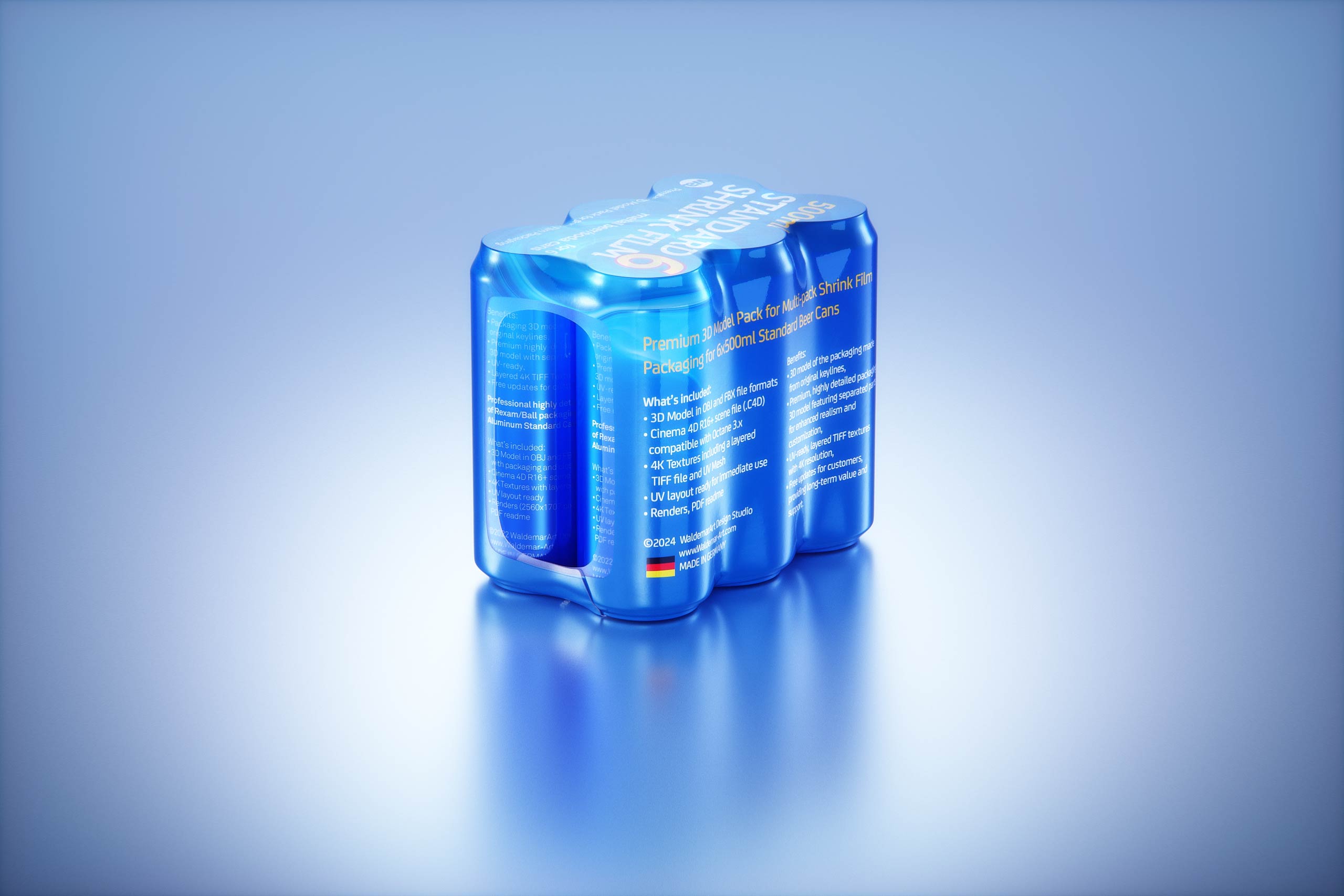 Premium Multi-pack Packaging 3D model with 4 Sets of 6x500ml Standard Cans Each, Wrapped in Shrink Film and Packed in Cardboard
