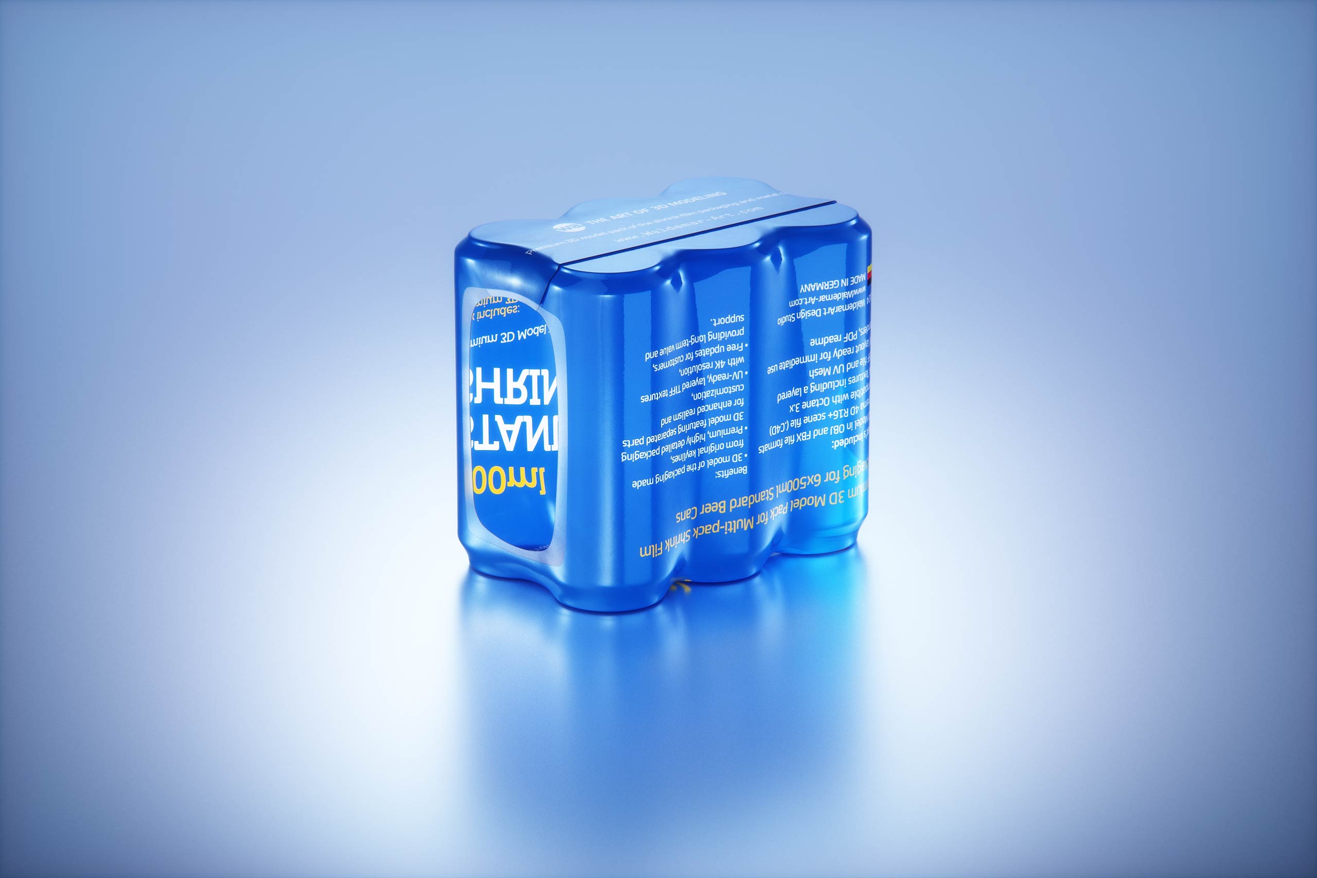 Premium Multi-pack Packaging 3D model with 4 Sets of 6x500ml Standard Cans Each, Wrapped in Shrink Film and Packed in Cardboard