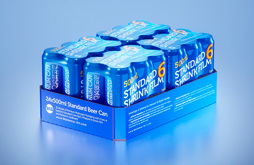 Multi-pack of 4 sets of 6×500ml standard beverage cans each, wrapped in shrink film and packed in cardboard