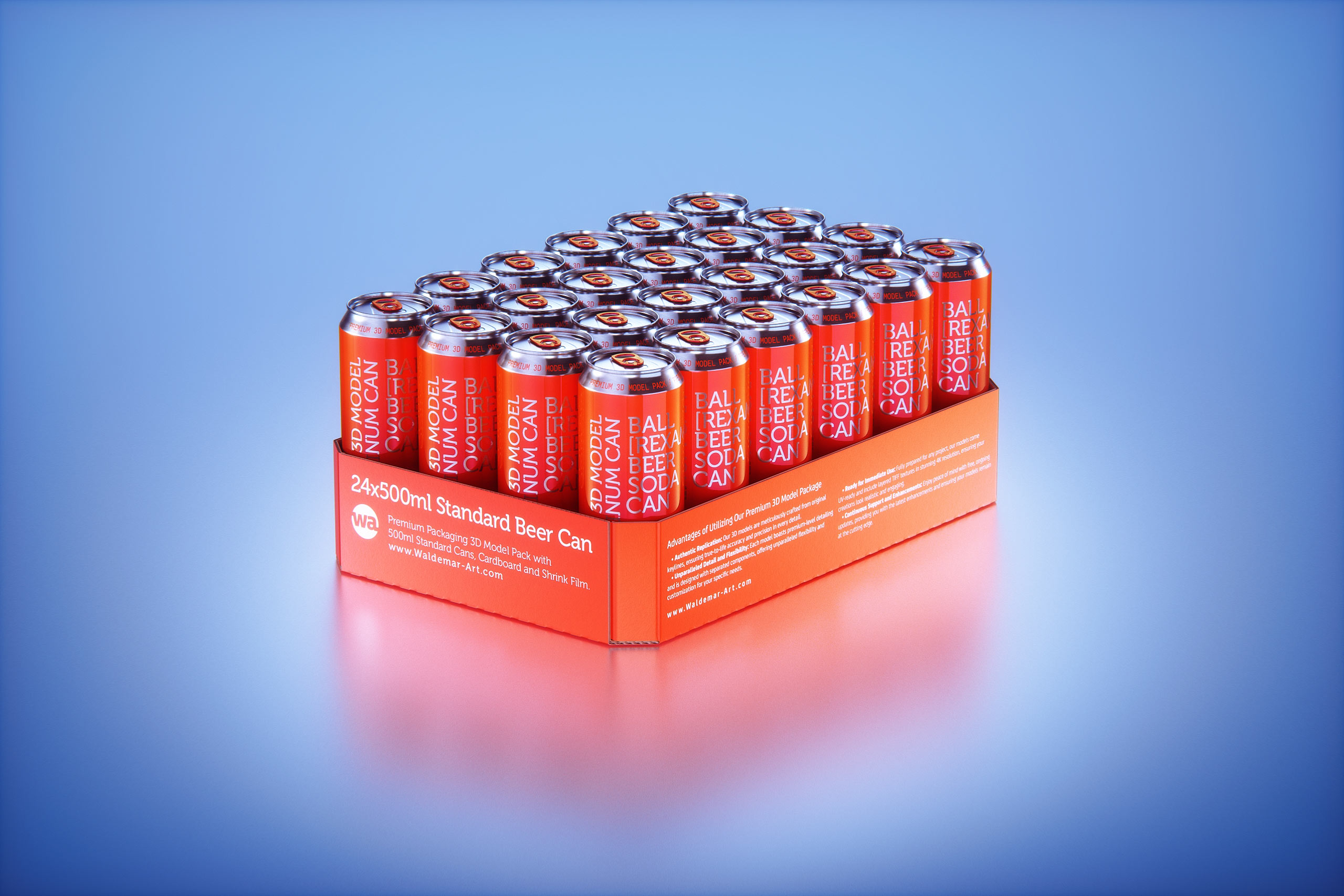 Multi-pack of 24x500ml Standard Beer/Soda Cans packed in cardboard and wrapped in shrink film premium packaging 3d model