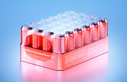 Multi-pack of 24×500 ml standard beverage cans, packed in a cardboard tray and wrapped in shrink film