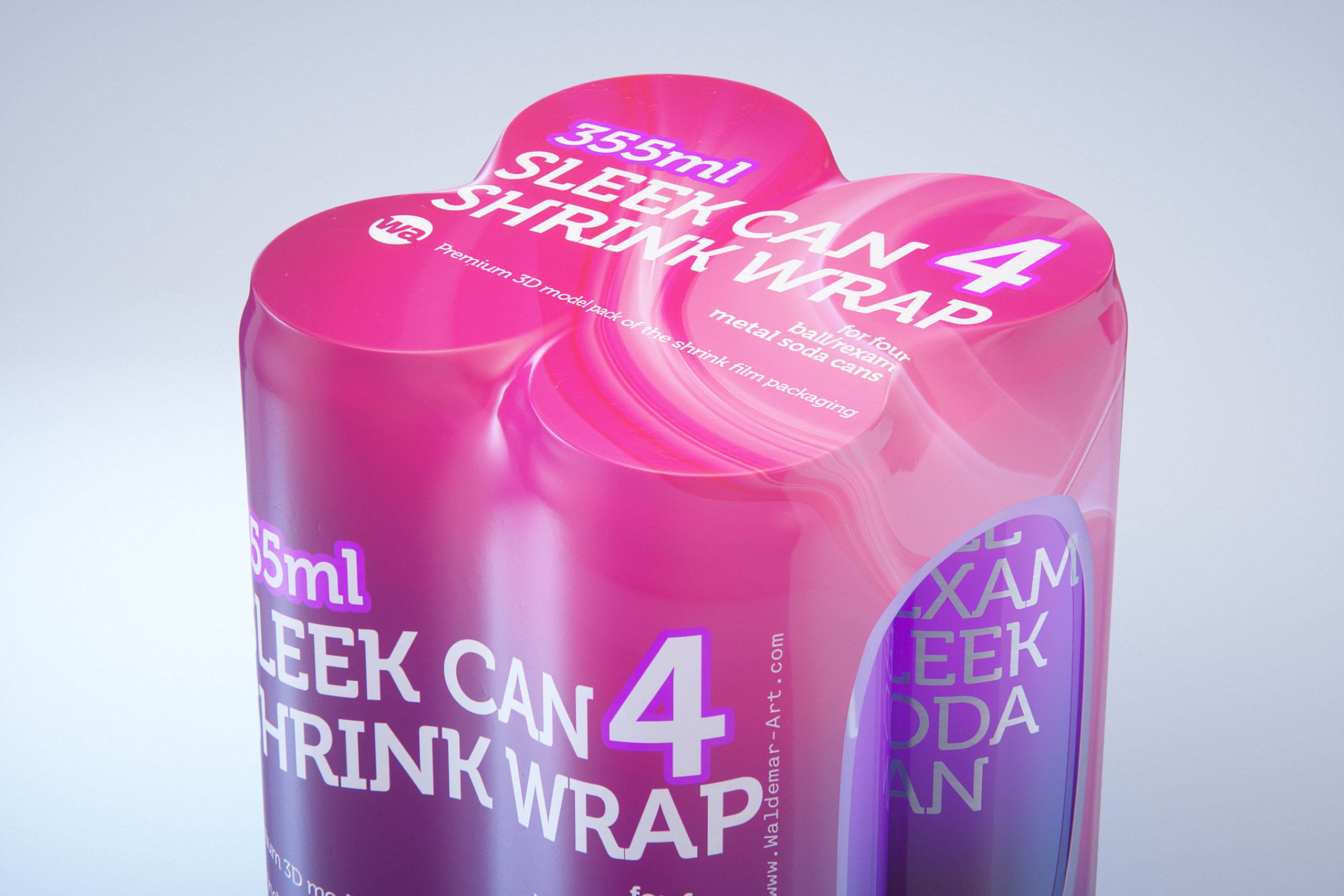 Premium packaging 3D Model of 4x350ml/355ml Sleek Soda Cans in Shrink Film Wrap