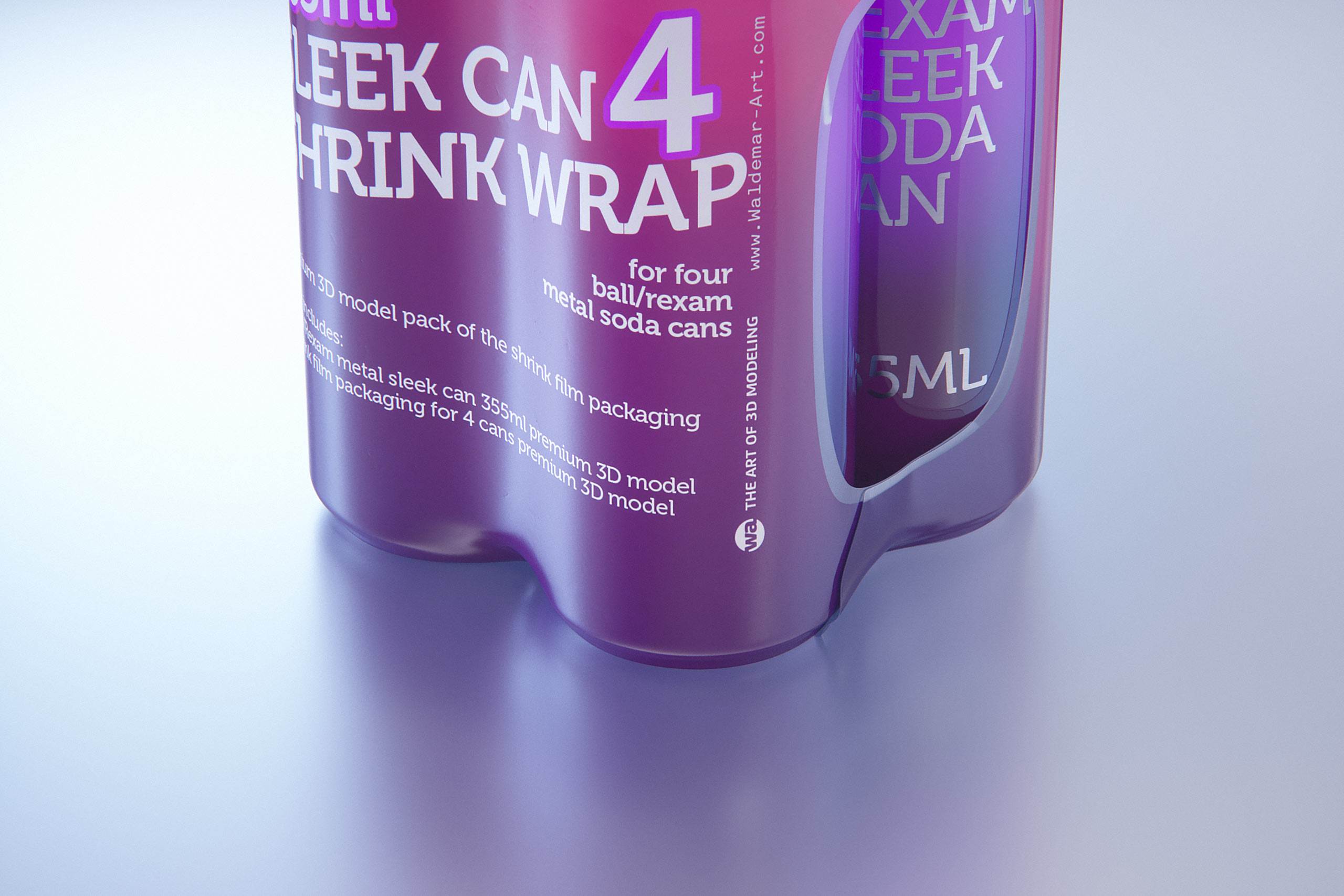 Premium packaging 3D Model of 4x350ml/355ml Sleek Soda Cans in Shrink Film Wrap