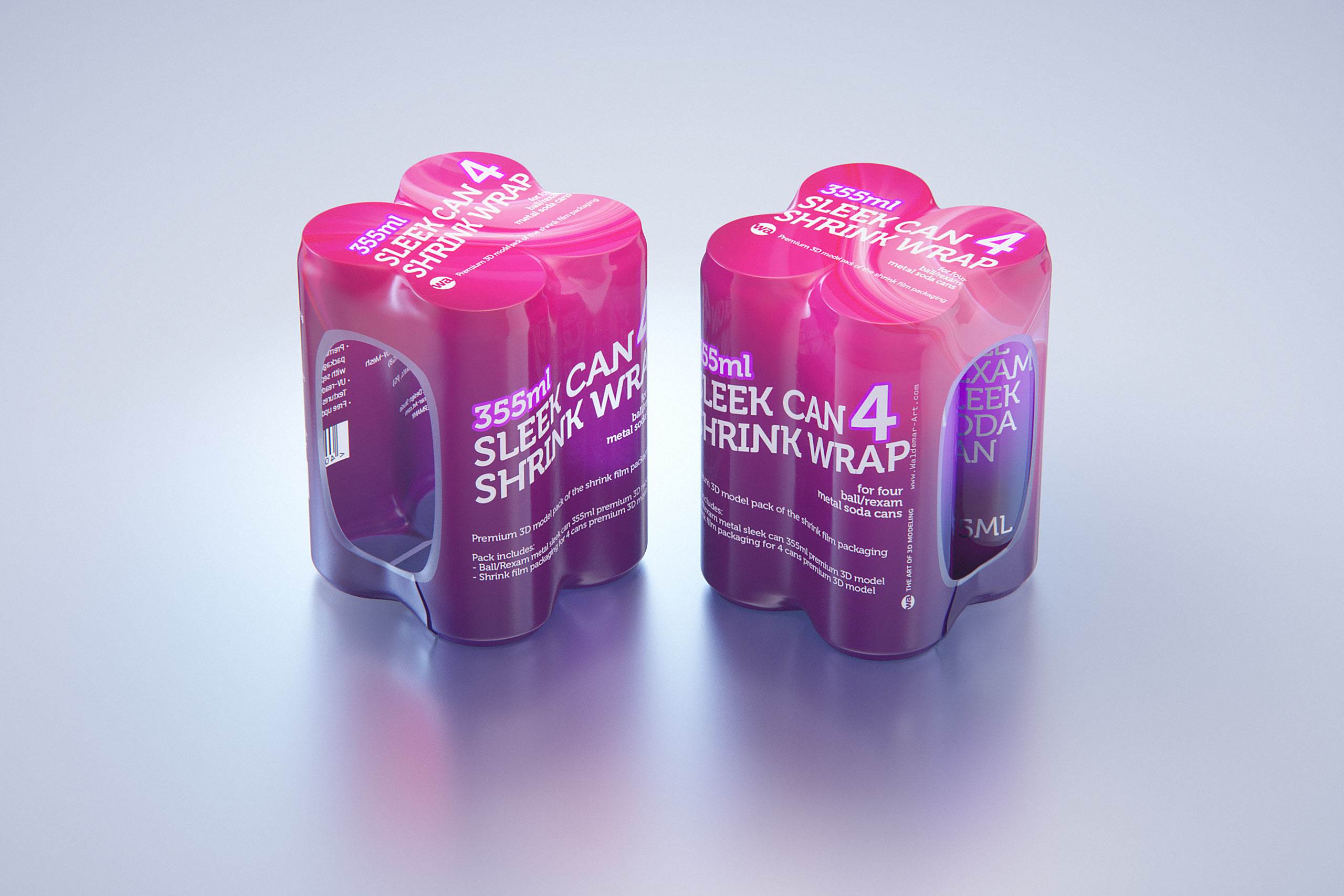 Premium packaging 3D Model of 4x350ml/355ml Sleek Soda Cans in Shrink Film Wrap