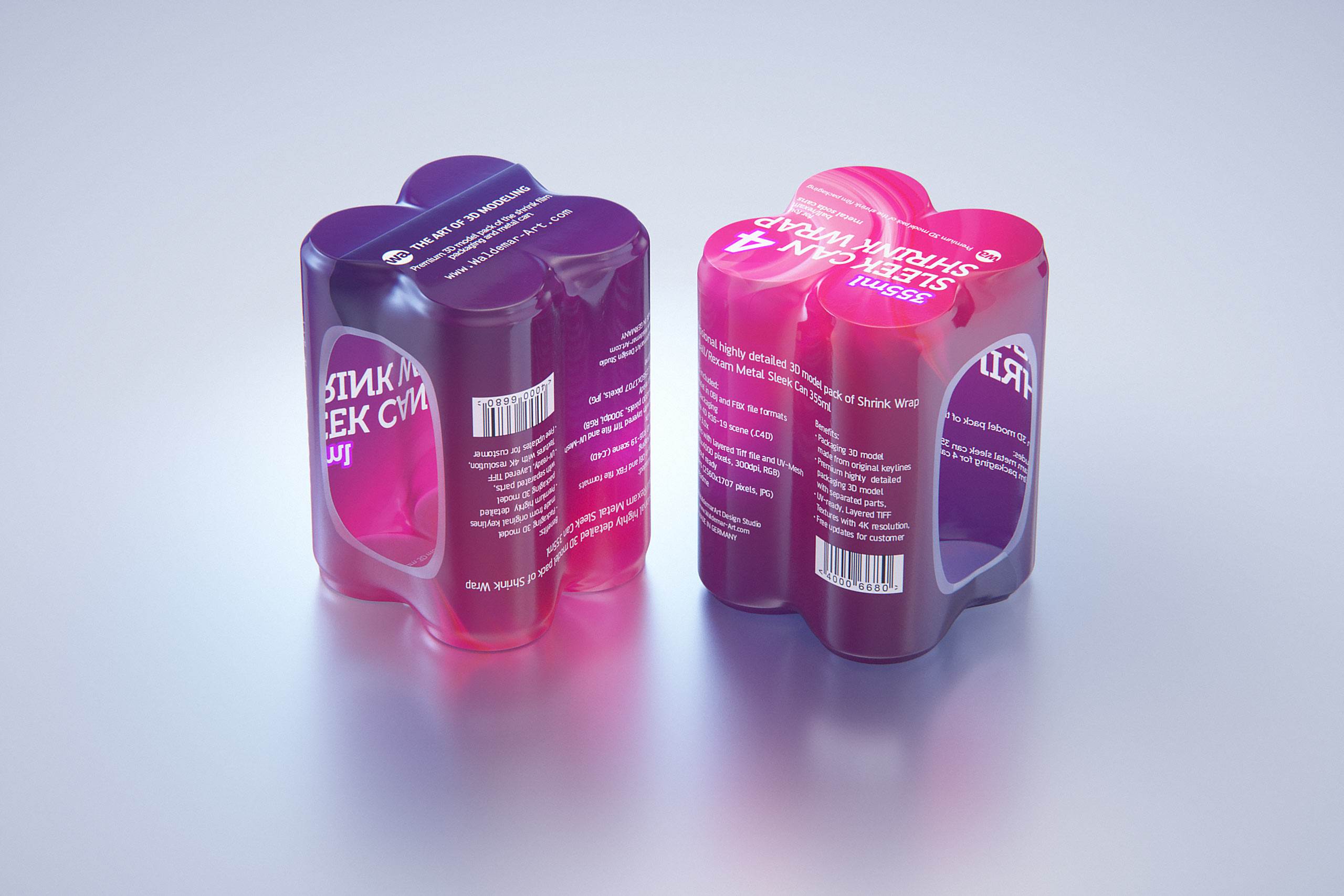 Premium packaging 3D Model of 4x350ml/355ml Sleek Soda Cans in Shrink Film Wrap