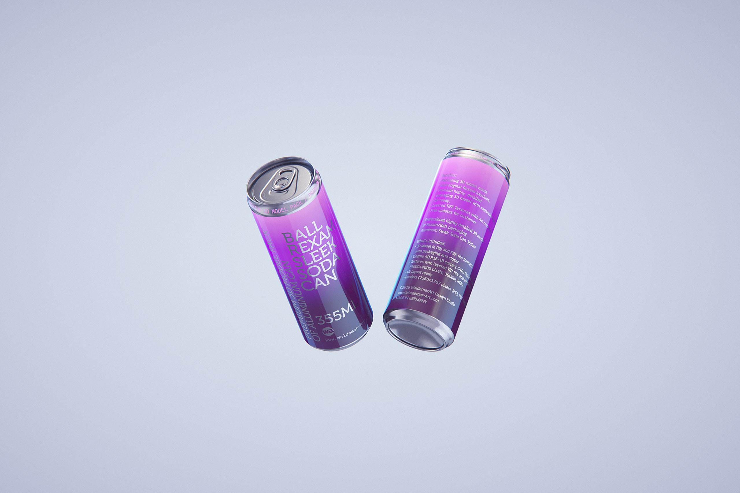 Premium packaging 3D Model of 4x350ml/355ml Sleek Soda Cans in Shrink Film Wrap