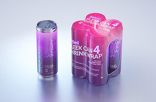 Multipack of 4×350/355ml sleek soda cans in shrink wrap