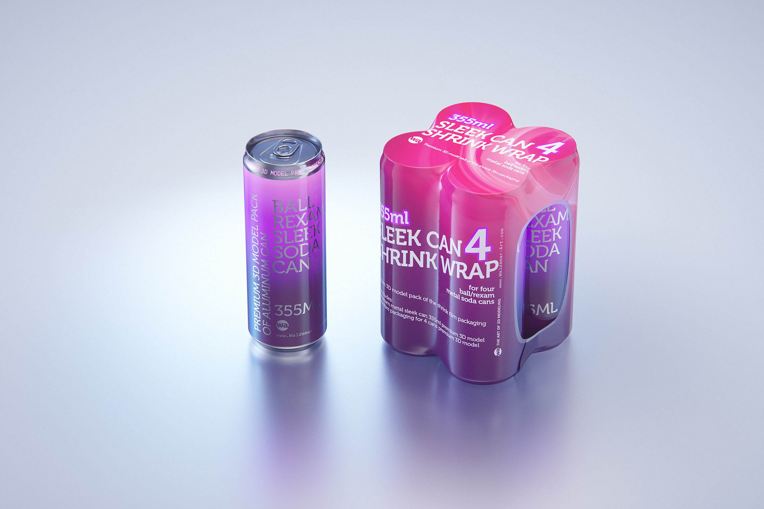 Premium packaging 3D Model of 4x350ml/355ml Sleek Soda Cans in Shrink Film Wrap