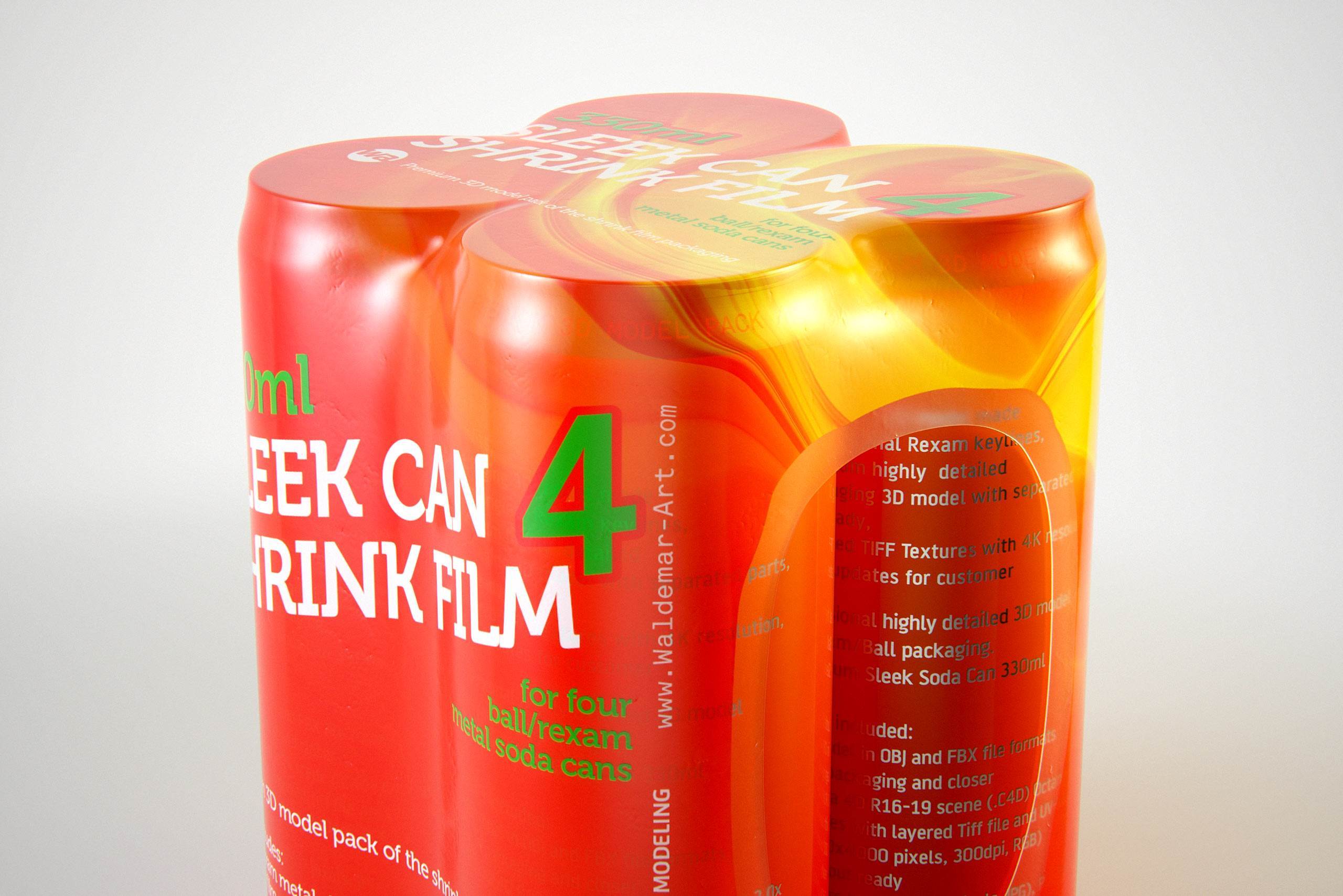 Premium packaging 3D Model of 4x330ml Sleek Soda Cans in Smooth Shrink Film Wrap