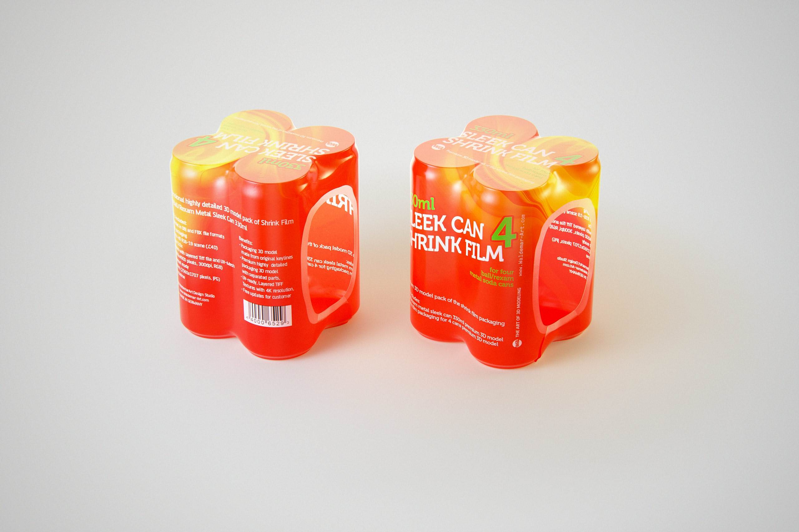 Premium packaging 3D Model of 4x330ml Sleek Soda Cans in Smooth Shrink Film Wrap