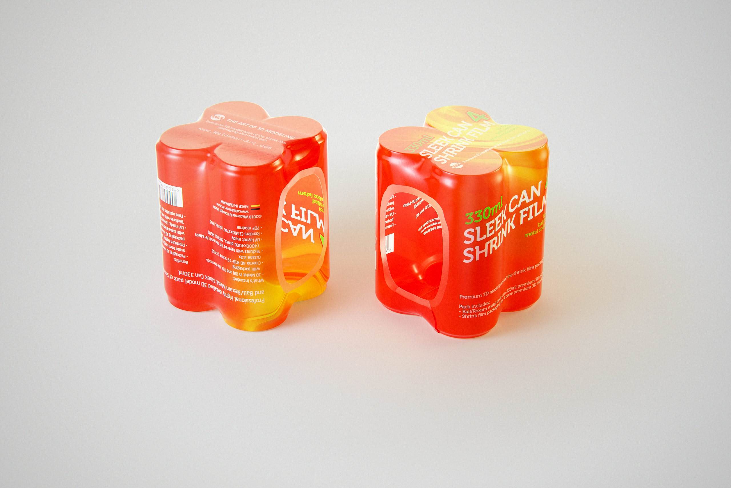 Premium packaging 3D Model of 4x330ml Sleek Soda Cans in Smooth Shrink Film Wrap